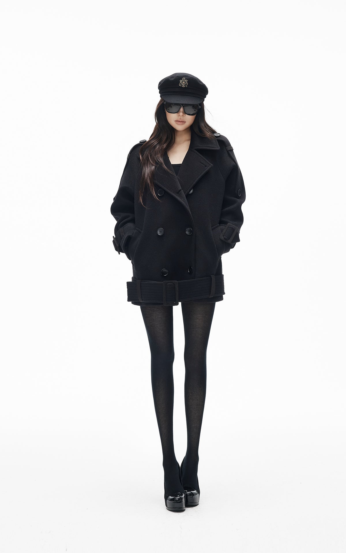 IAMXIAA Black Double-Breasted Belted Military Peacoat