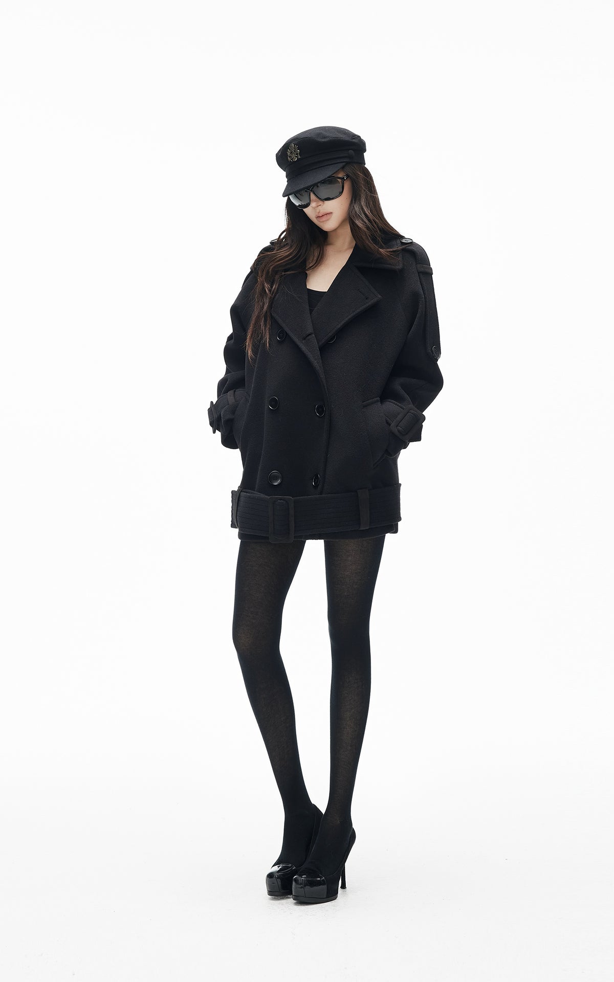 IAMXIAA Black Double-Breasted Belted Military Peacoat