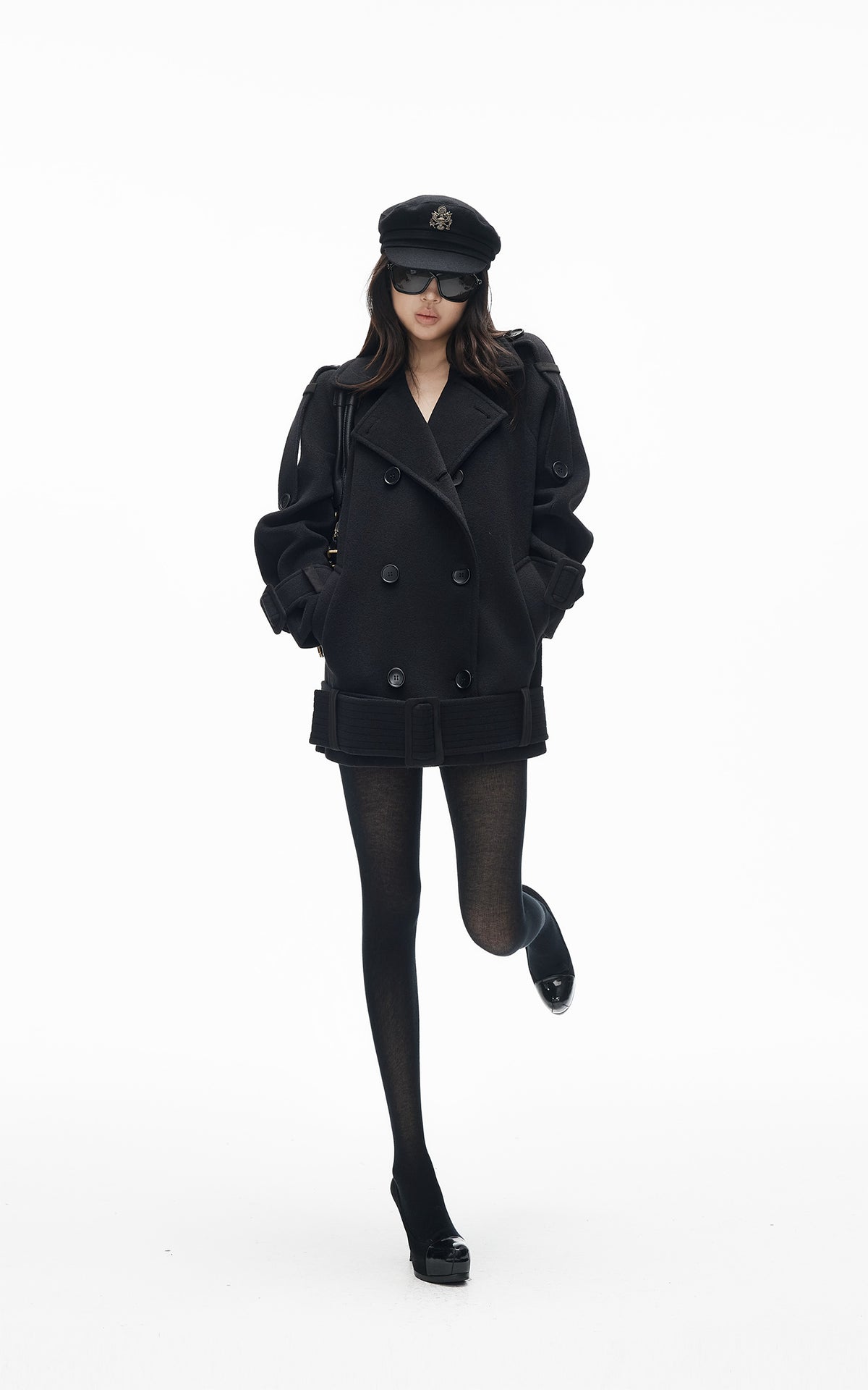 IAMXIAA Black Double-Breasted Belted Military Peacoat