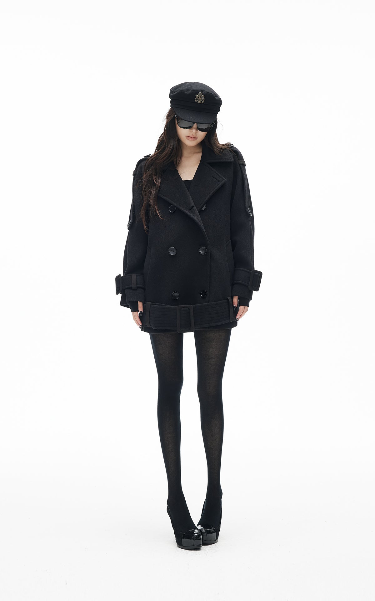 IAMXIAA Black Double-Breasted Belted Military Peacoat