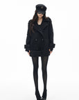 IAMXIAA Black Double-Breasted Belted Military Peacoat