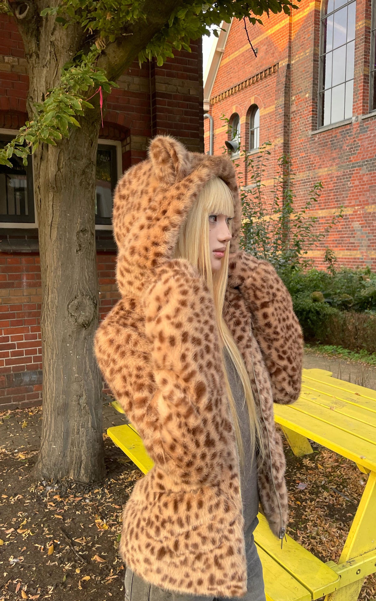 Rase le sol Leopard Plush Zip-Up Jacket with Sculpted Waist &amp; Ear-Detail Hood