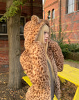 Rase le sol Leopard Plush Zip-Up Jacket with Sculpted Waist & Ear-Detail Hood