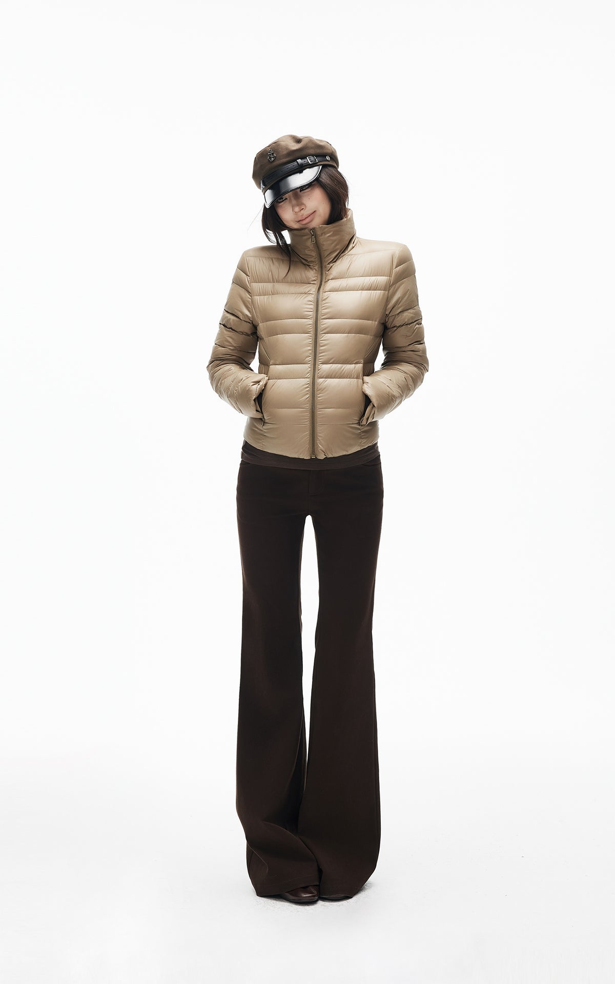 IAMXIAA Pantalon évasé ajusté à taille haute avec double bouton