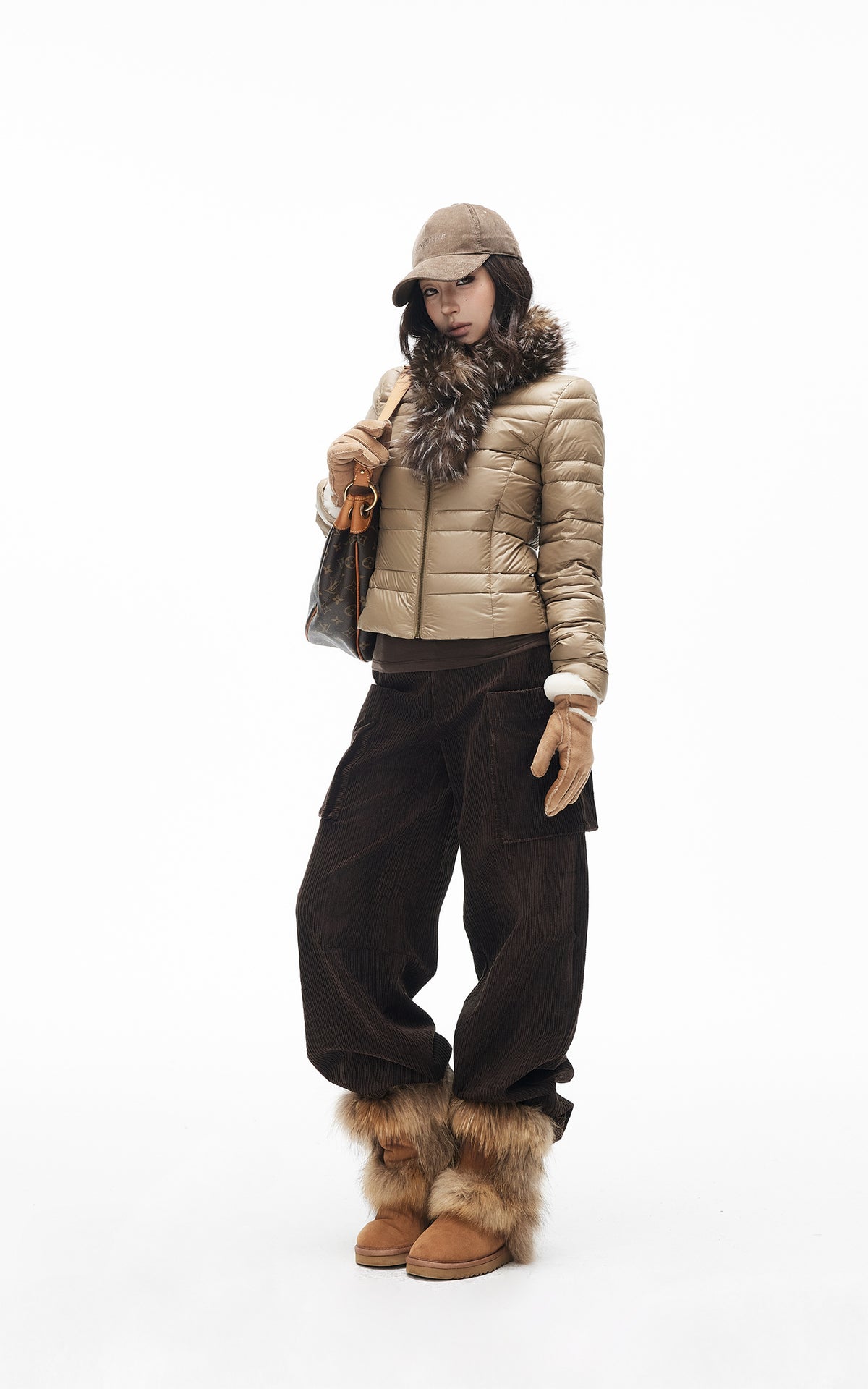 IAMXIAA Quilted Puffer Jacket with Faux Fur Scarf
