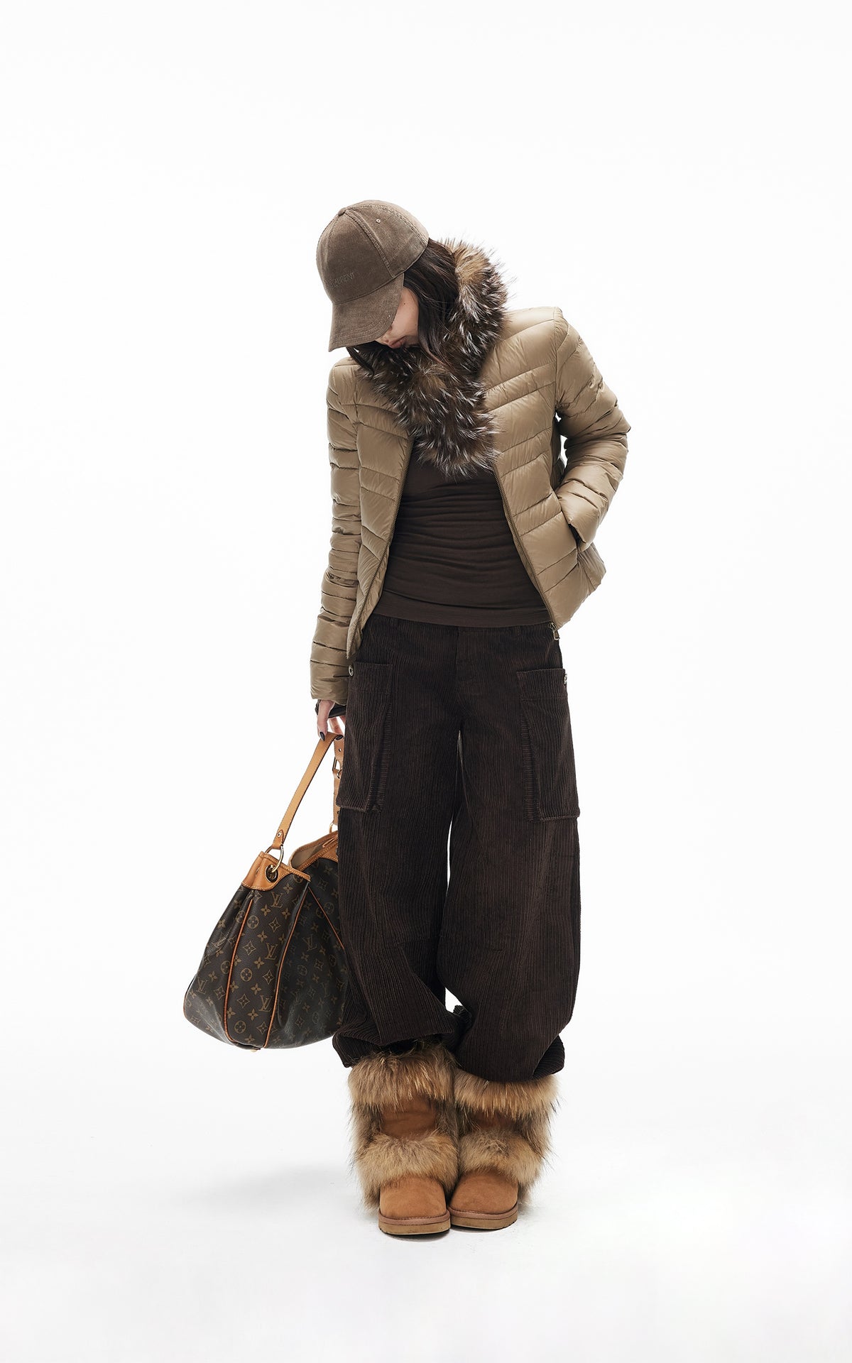 IAMXIAA Quilted Puffer Jacket with Faux Fur Scarf