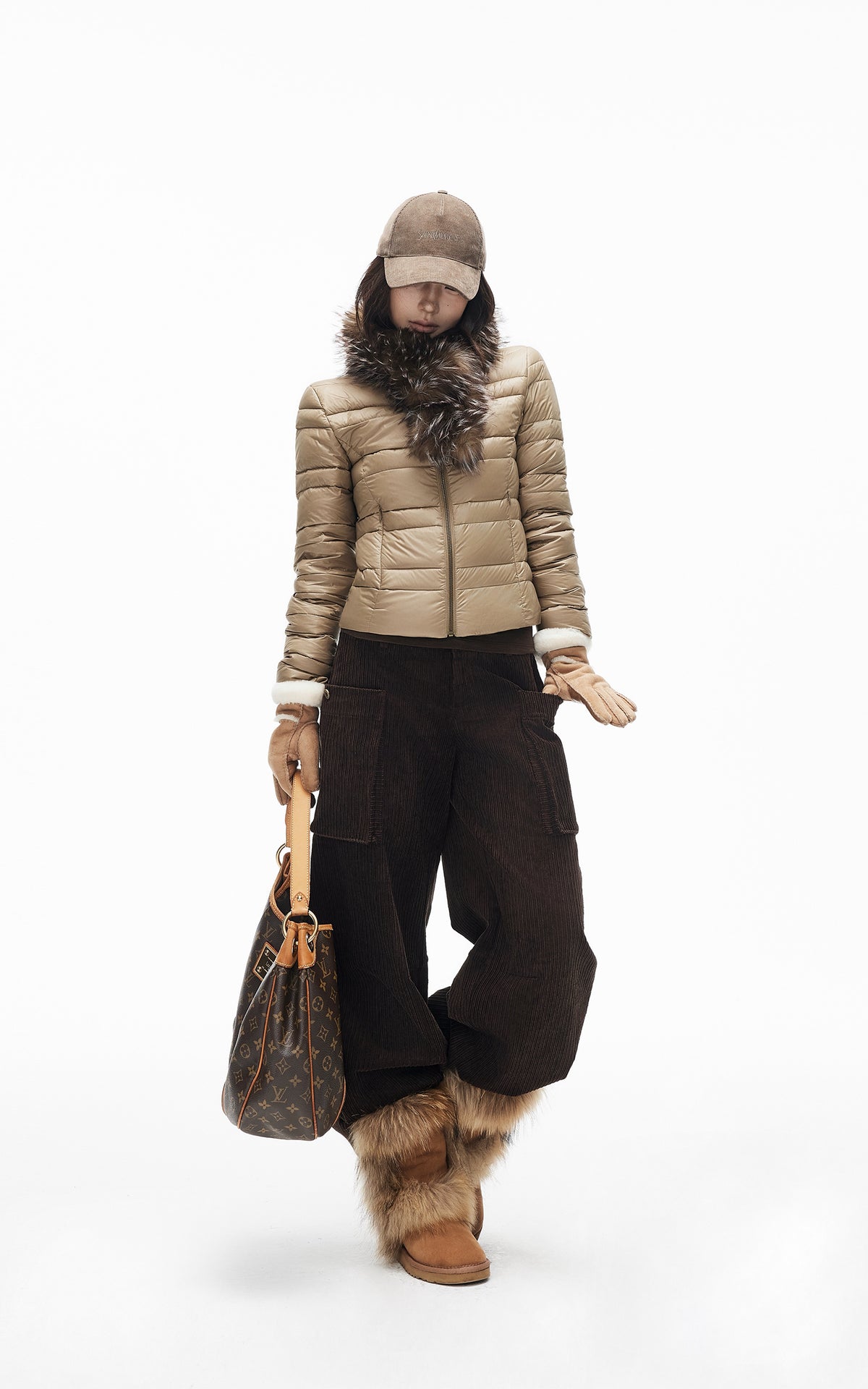 IAMXIAA Quilted Puffer Jacket with Faux Fur Scarf