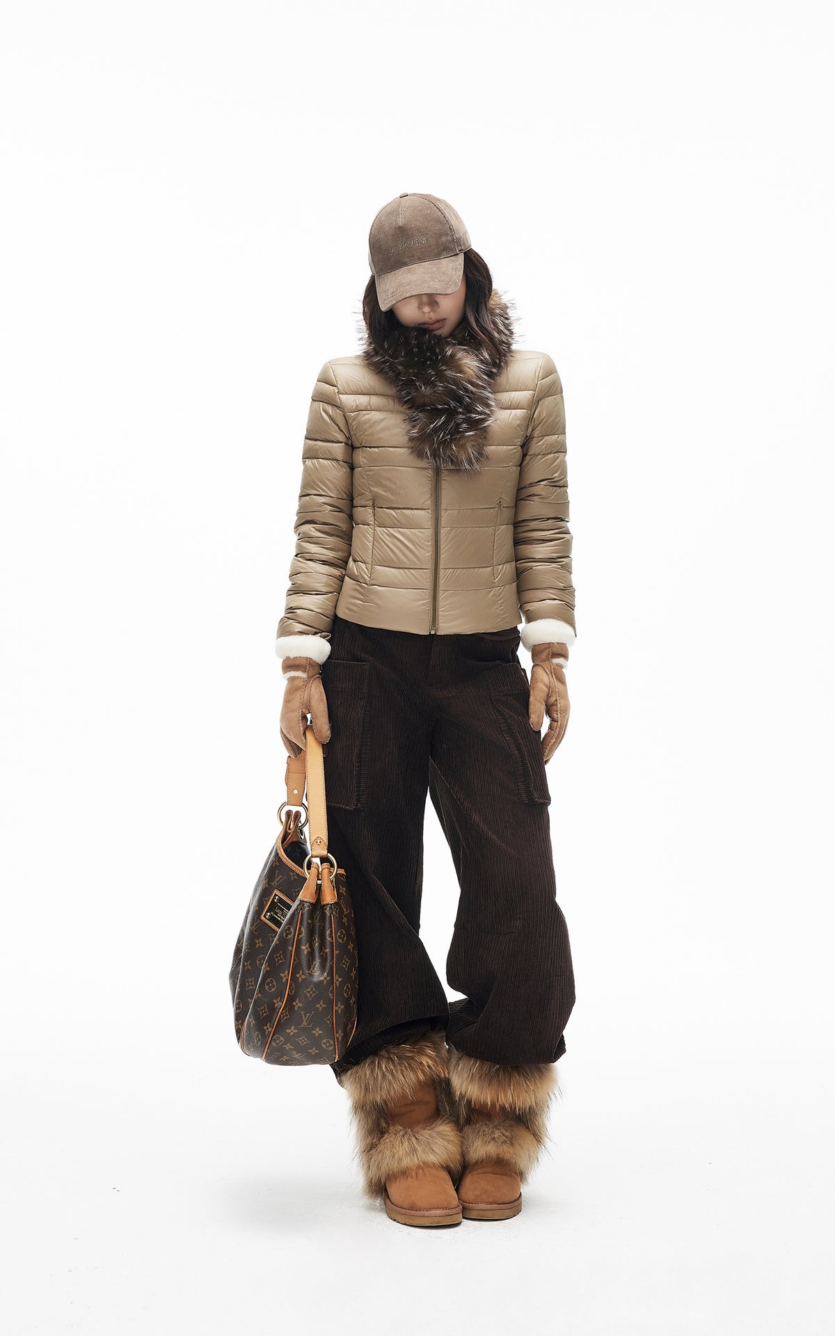 IAMXIAA Quilted Puffer Jacket with Faux Fur Scarf