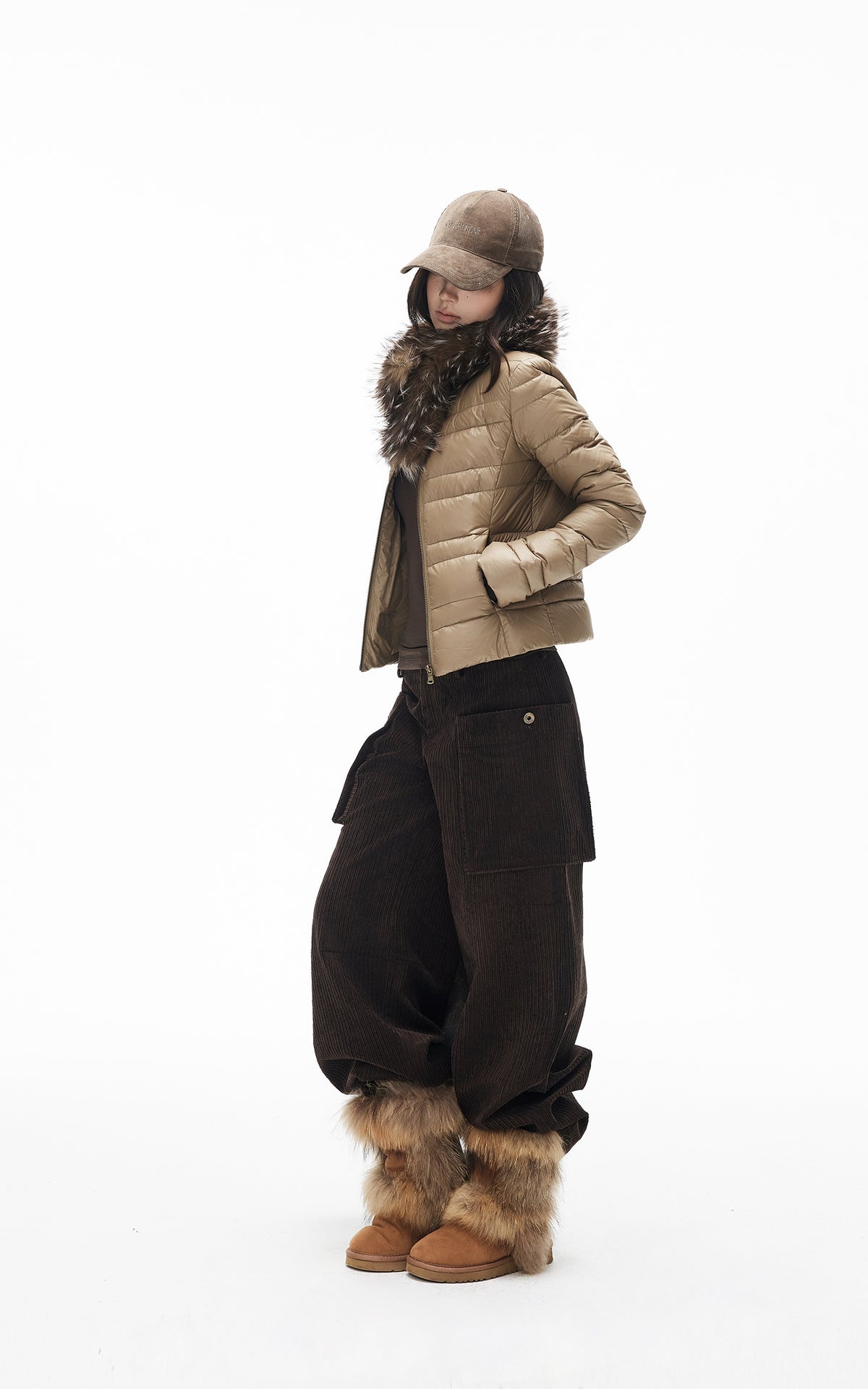 IAMXIAA Quilted Puffer Jacket with Faux Fur Scarf