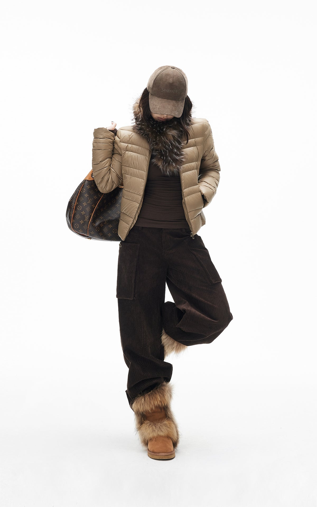 IAMXIAA Quilted Puffer Jacket with Faux Fur Scarf