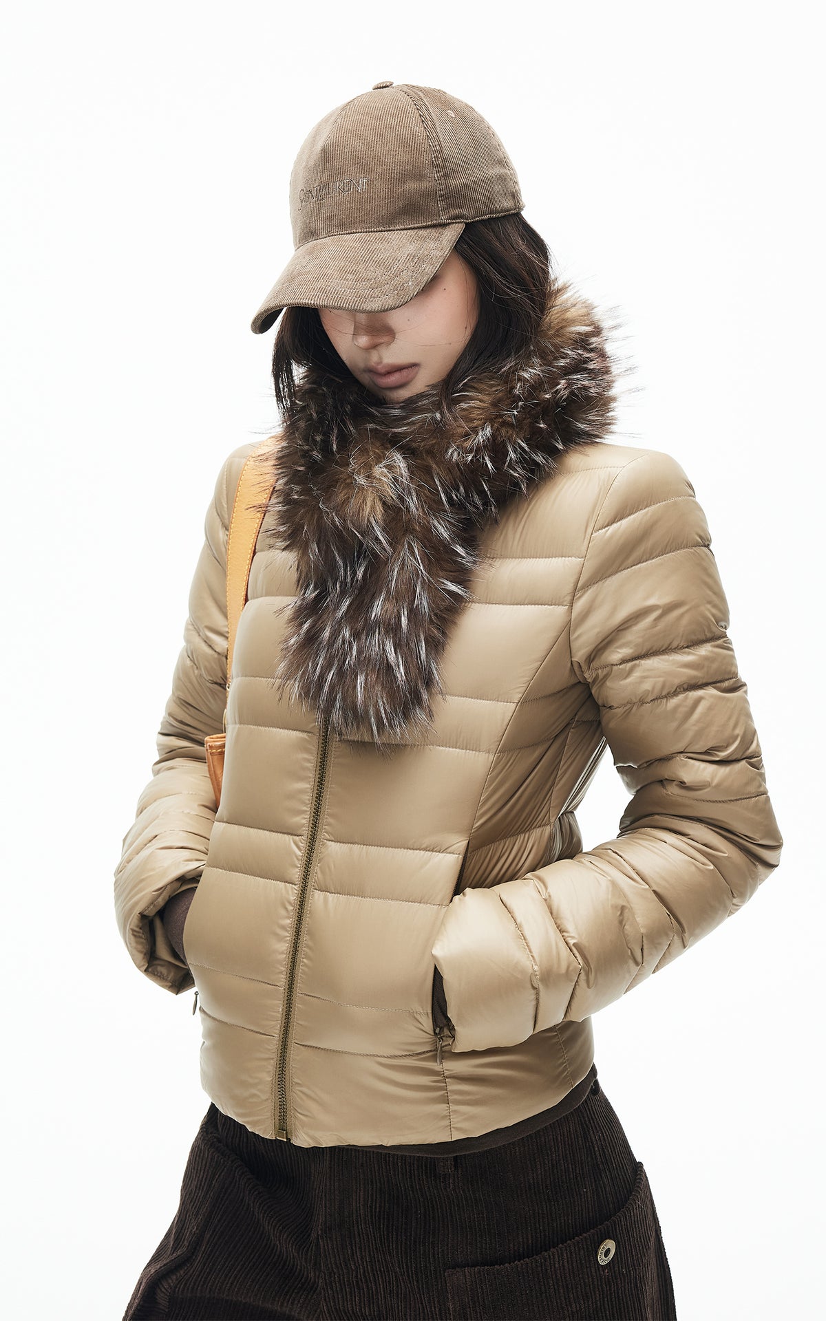 IAMXIAA Quilted Puffer Jacket with Faux Fur Scarf