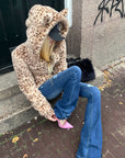 Rase le sol Leopard Plush Zip-Up Jacket with Sculpted Waist & Ear-Detail Hood