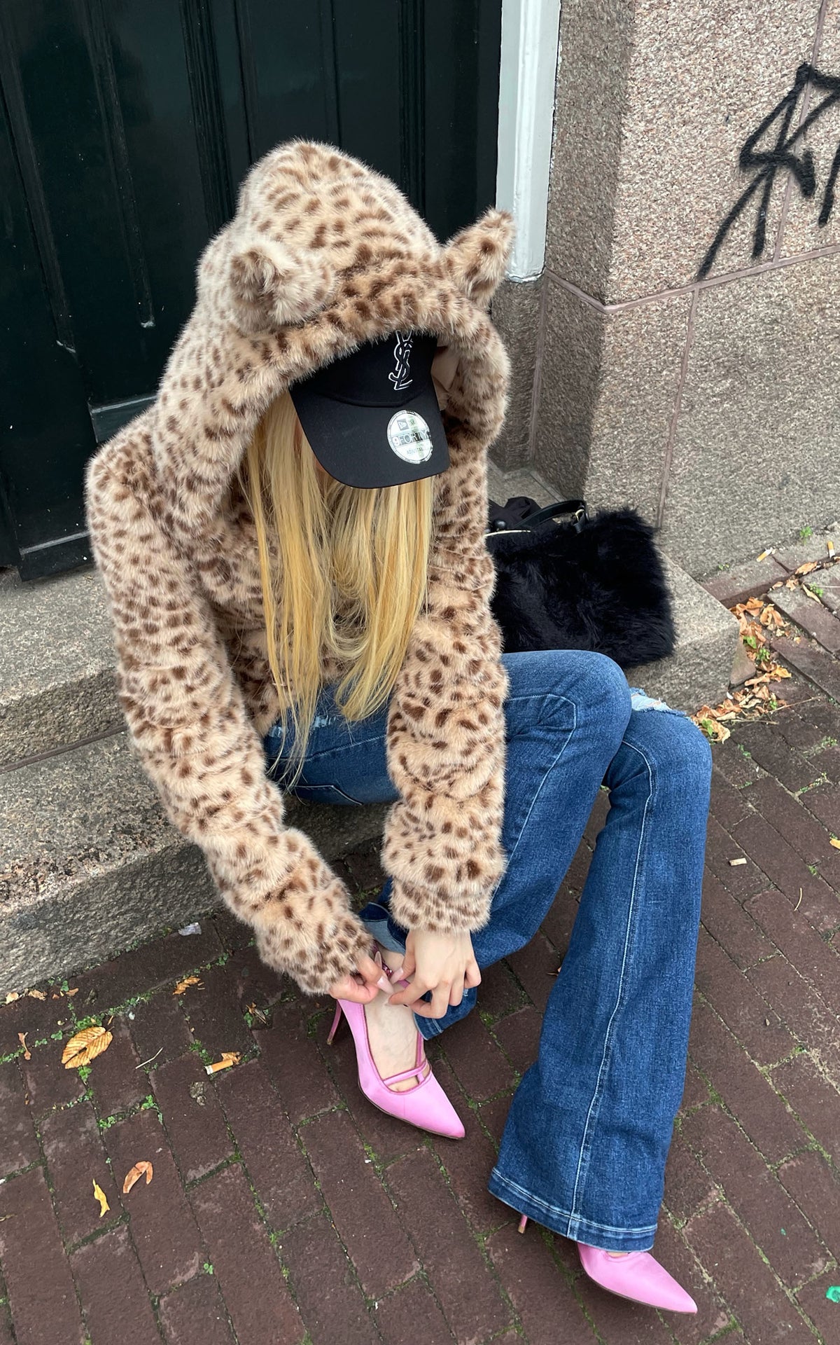 Rase le sol Leopard Plush Zip-Up Jacket with Sculpted Waist &amp; Ear-Detail Hood