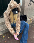 Rase le sol Leopard Plush Zip-Up Jacket with Sculpted Waist & Ear-Detail Hood
