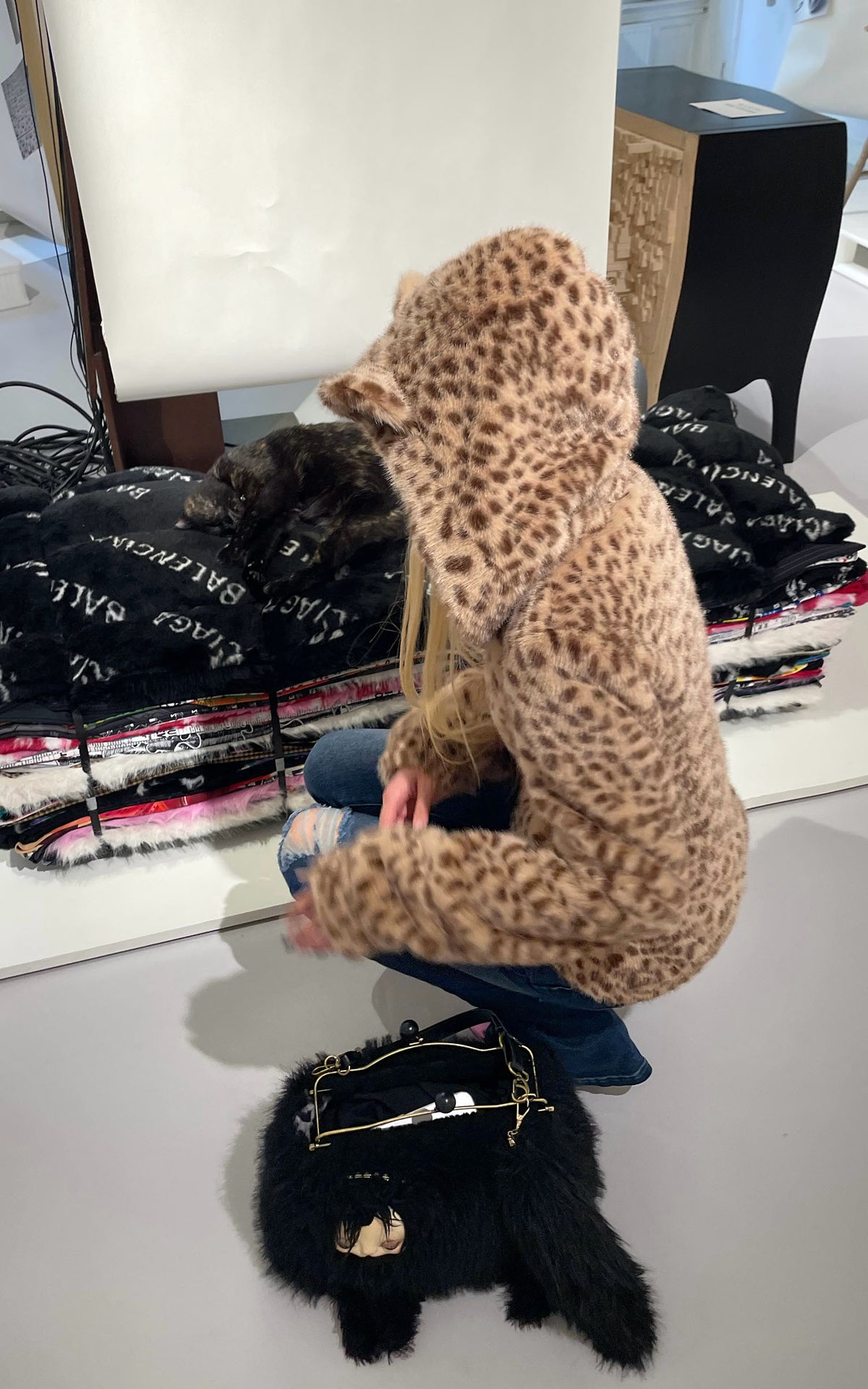 Rase le sol Leopard Plush Zip-Up Jacket with Sculpted Waist &amp; Ear-Detail Hood