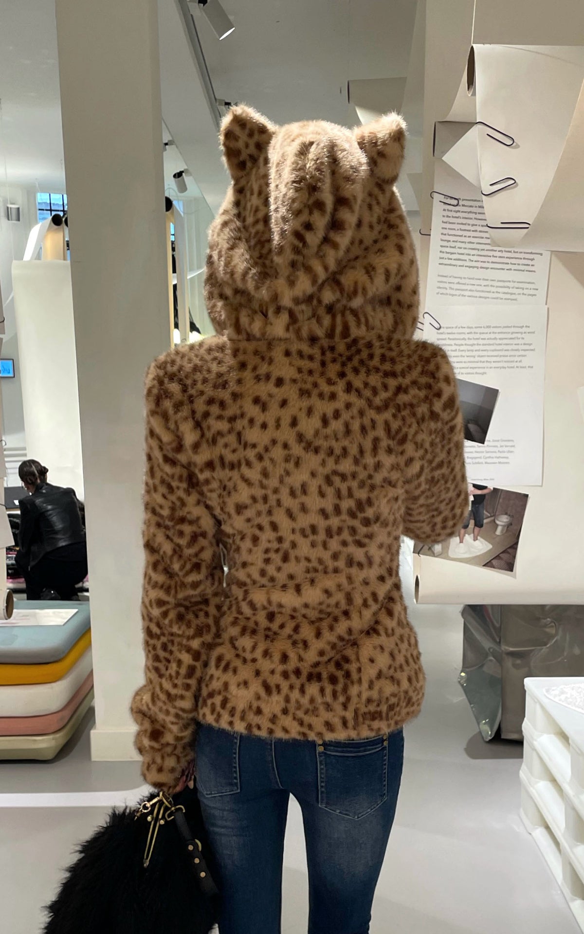 Rase le sol Leopard Plush Zip-Up Jacket with Sculpted Waist &amp; Ear-Detail Hood