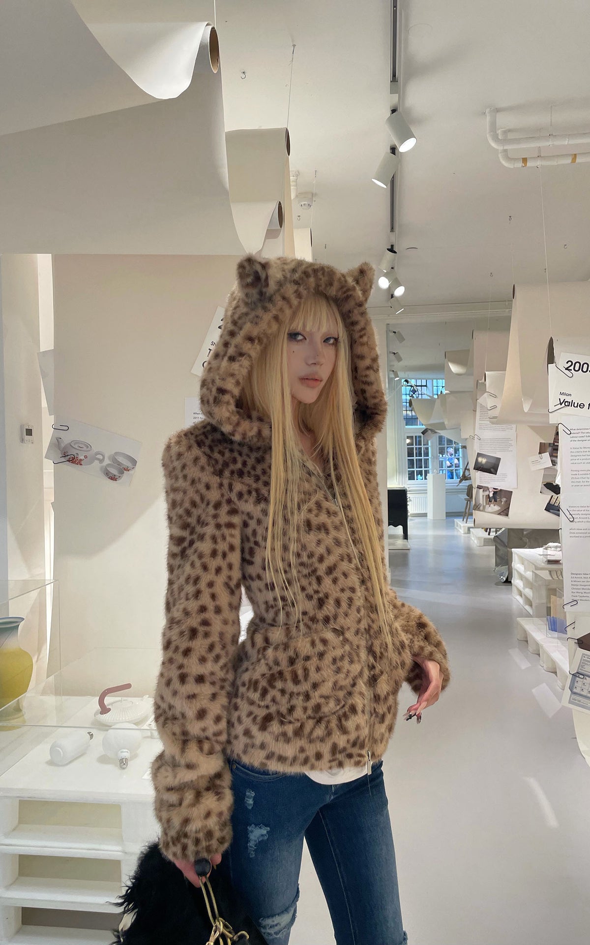Rase le sol Leopard Plush Zip-Up Jacket with Sculpted Waist &amp; Ear-Detail Hood