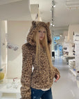 Rase le sol Leopard Plush Zip-Up Jacket with Sculpted Waist & Ear-Detail Hood