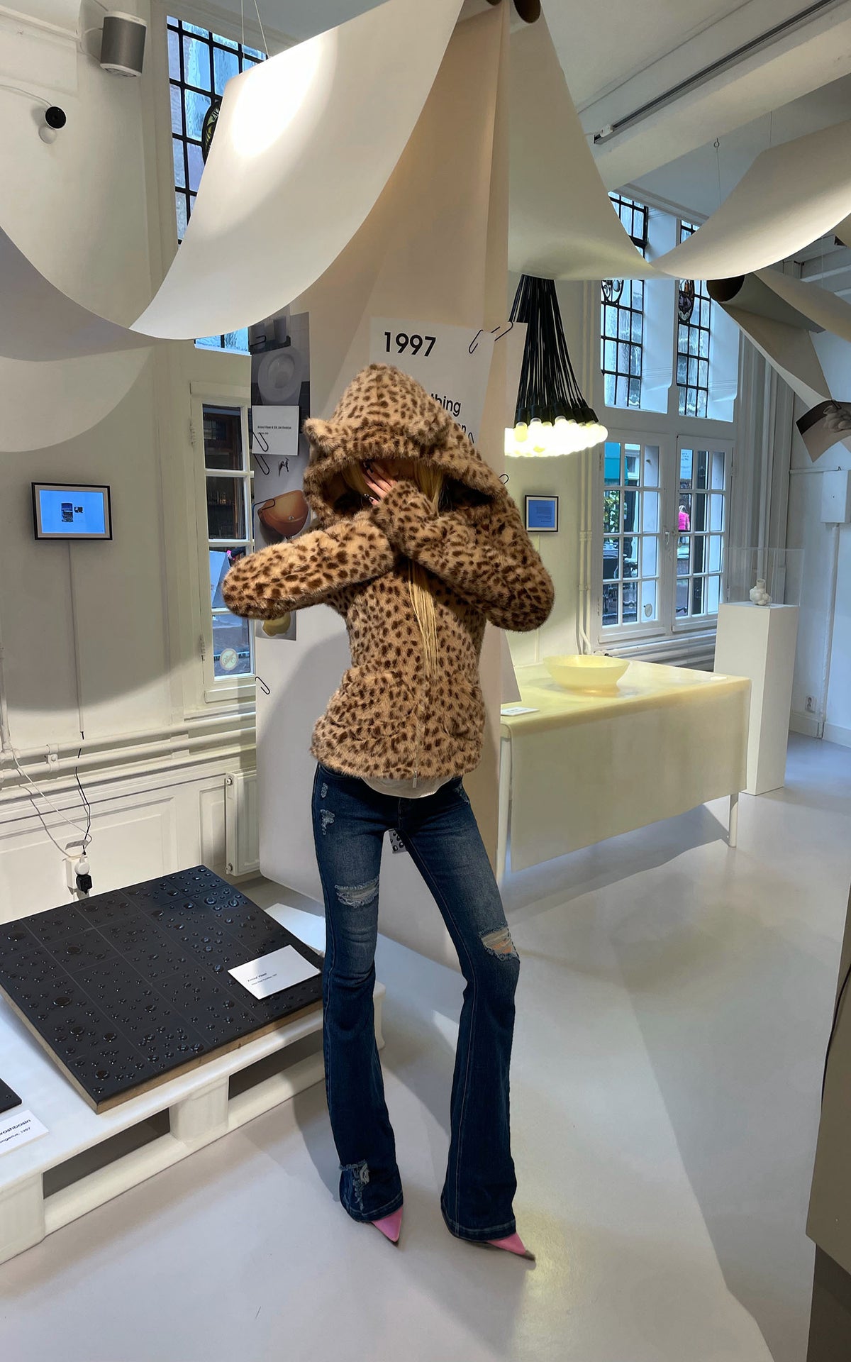 Rase le sol Leopard Plush Zip-Up Jacket with Sculpted Waist &amp; Ear-Detail Hood