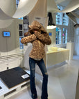 Rase le sol Leopard Plush Zip-Up Jacket with Sculpted Waist & Ear-Detail Hood