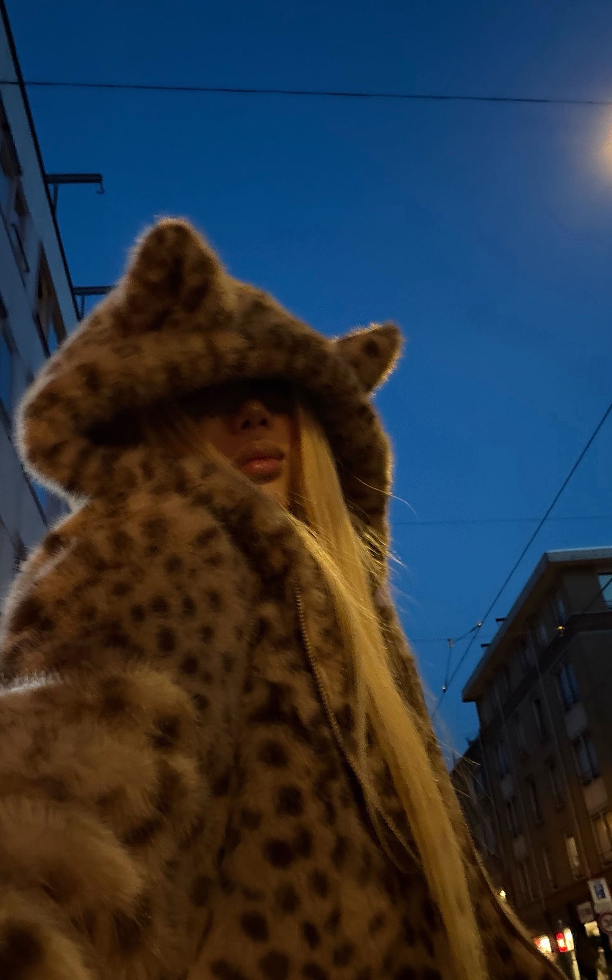 Rase le sol Leopard Plush Zip-Up Jacket with Sculpted Waist &amp; Ear-Detail Hood