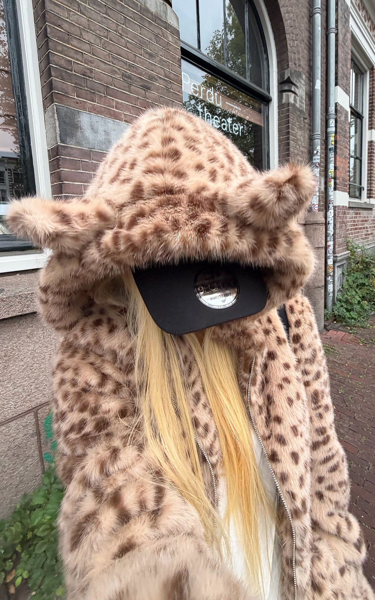Rase le sol Leopard Plush Zip-Up Jacket with Sculpted Waist &amp; Ear-Detail Hood