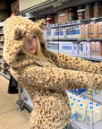 Rase le sol Leopard Plush Zip-Up Jacket with Sculpted Waist & Ear-Detail Hood