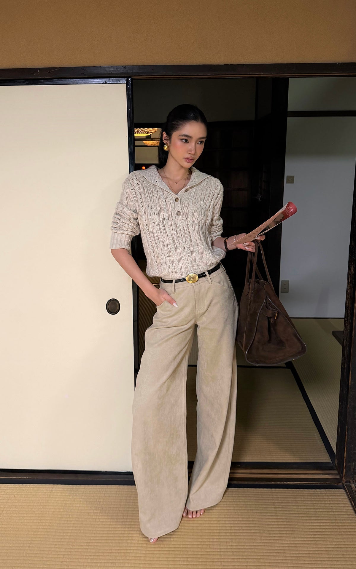 ROVENTE Low-Rise Suede-Look Wide-Leg Pants with Angled Front Pockets