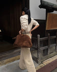 ROVENTE Low-Rise Suede-Look Wide-Leg Pants with Angled Front Pockets