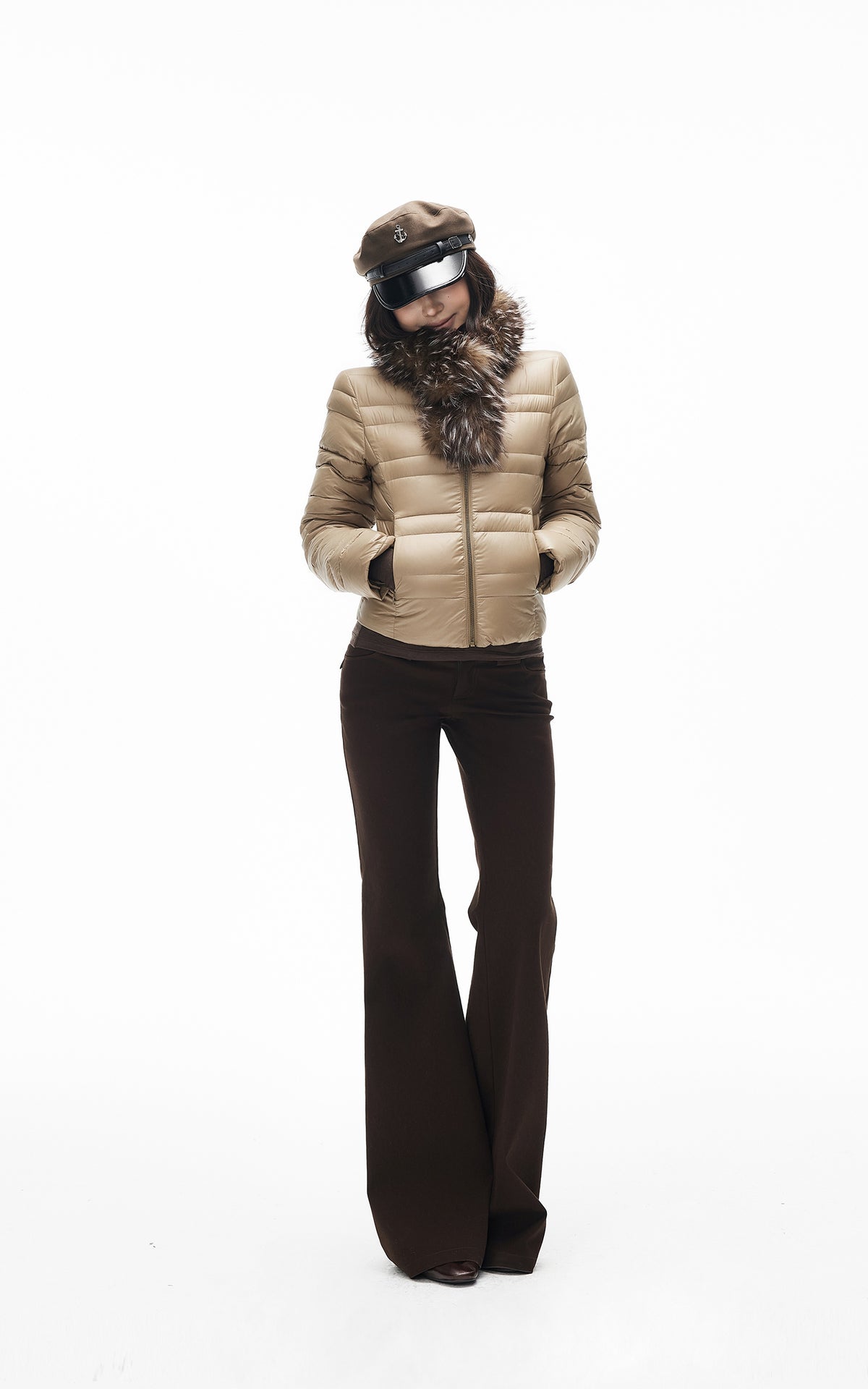 IAMXIAA Quilted Puffer Jacket with Faux Fur Scarf