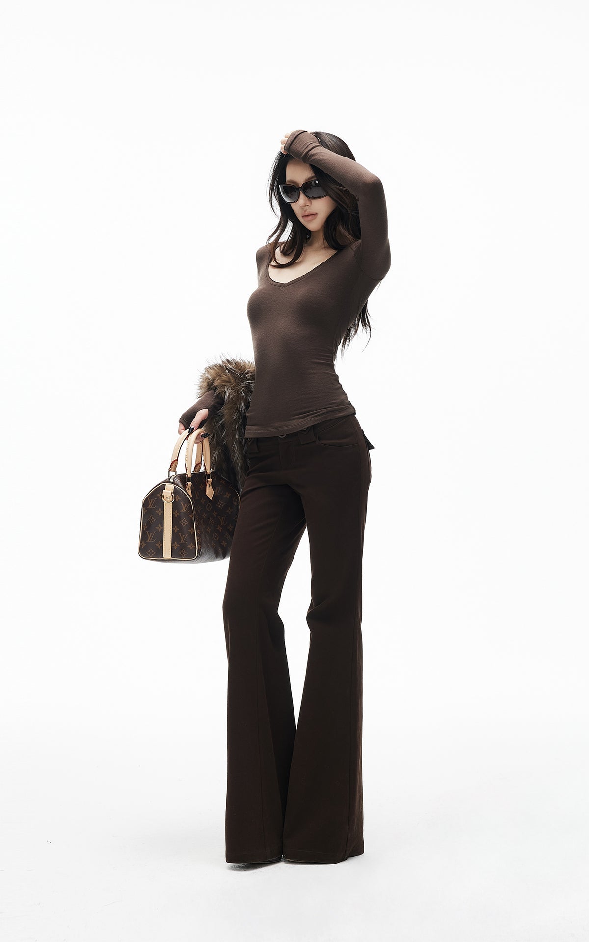 IAMXIAA Pantalon évasé ajusté à taille haute avec double bouton