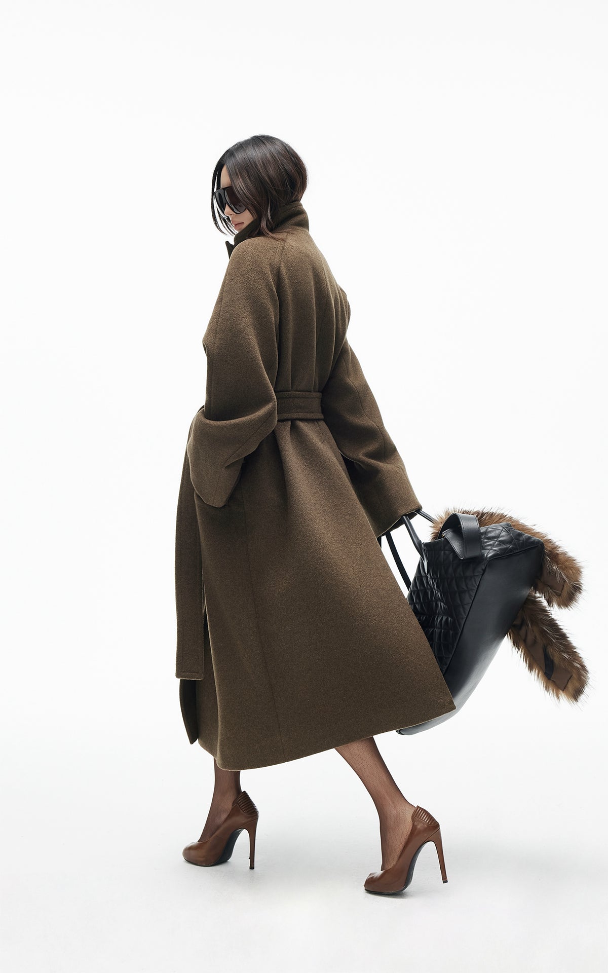 IAMXIAA Manteau long croisé à ceinture en mélange de laine