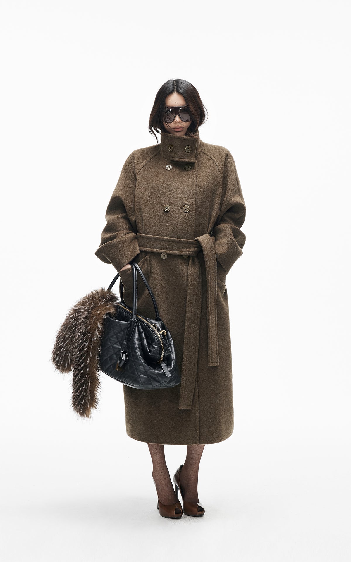 IAMXIAA Manteau long croisé à ceinture en mélange de laine