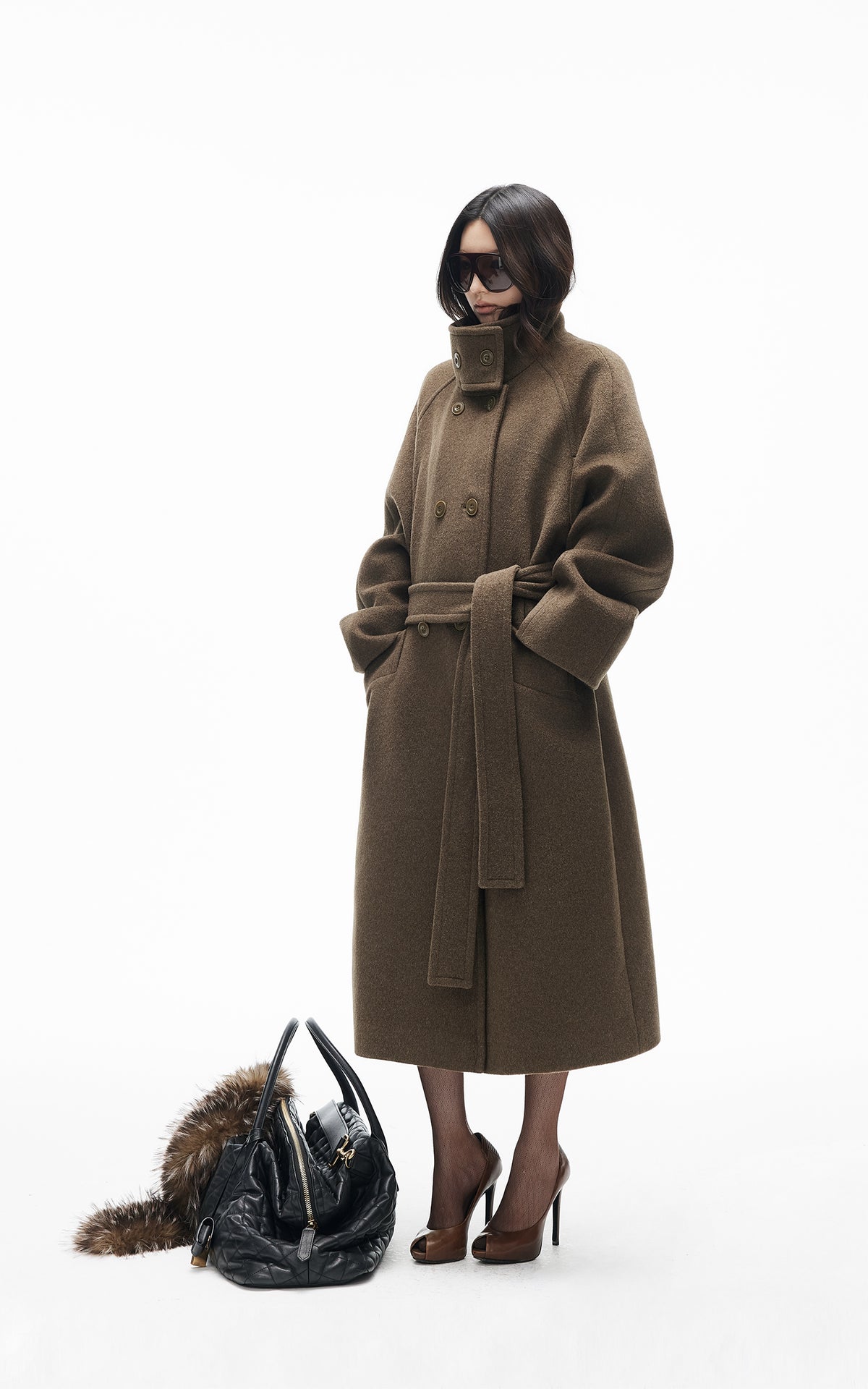 IAMXIAA Manteau long croisé à ceinture en mélange de laine