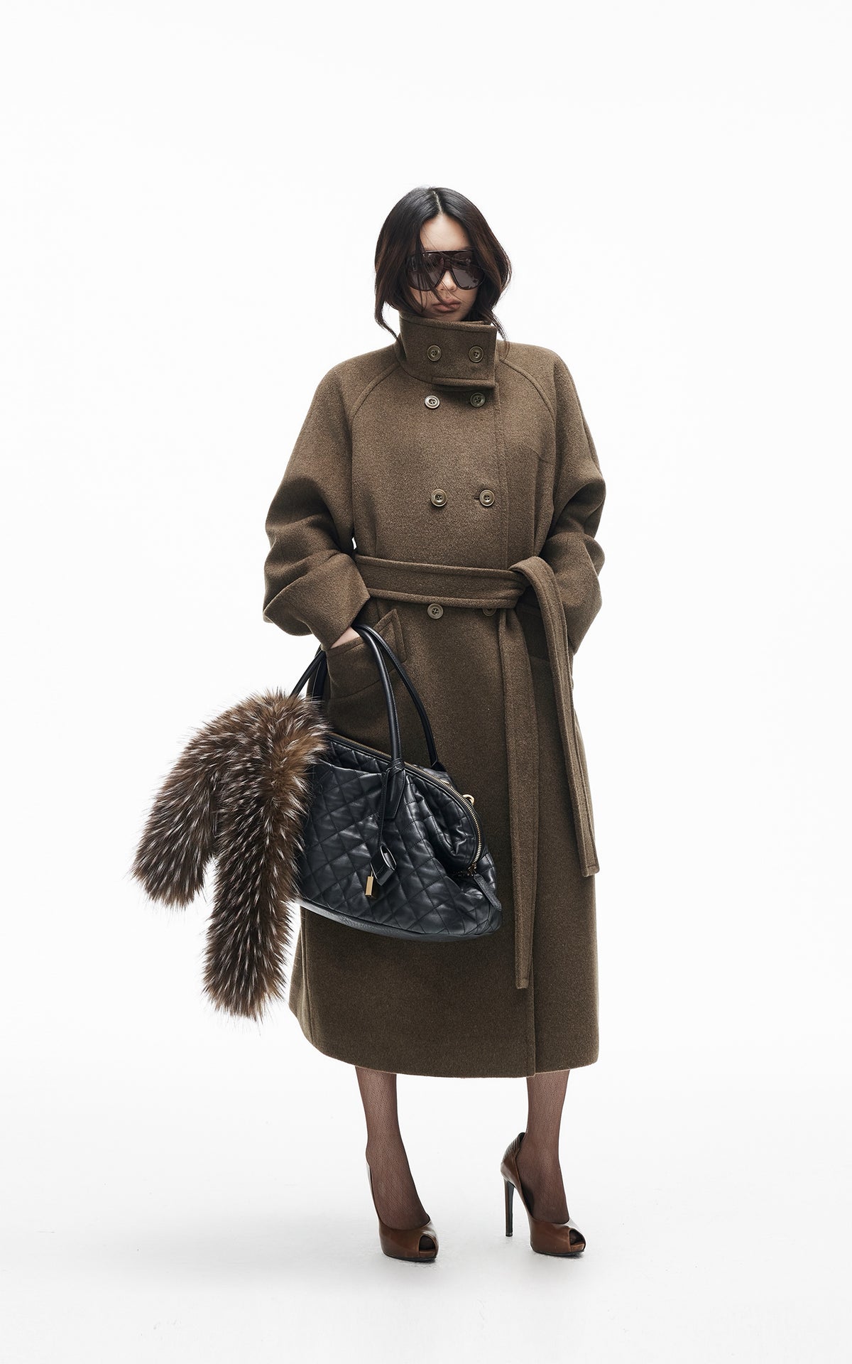 IAMXIAA Manteau long croisé à ceinture en mélange de laine