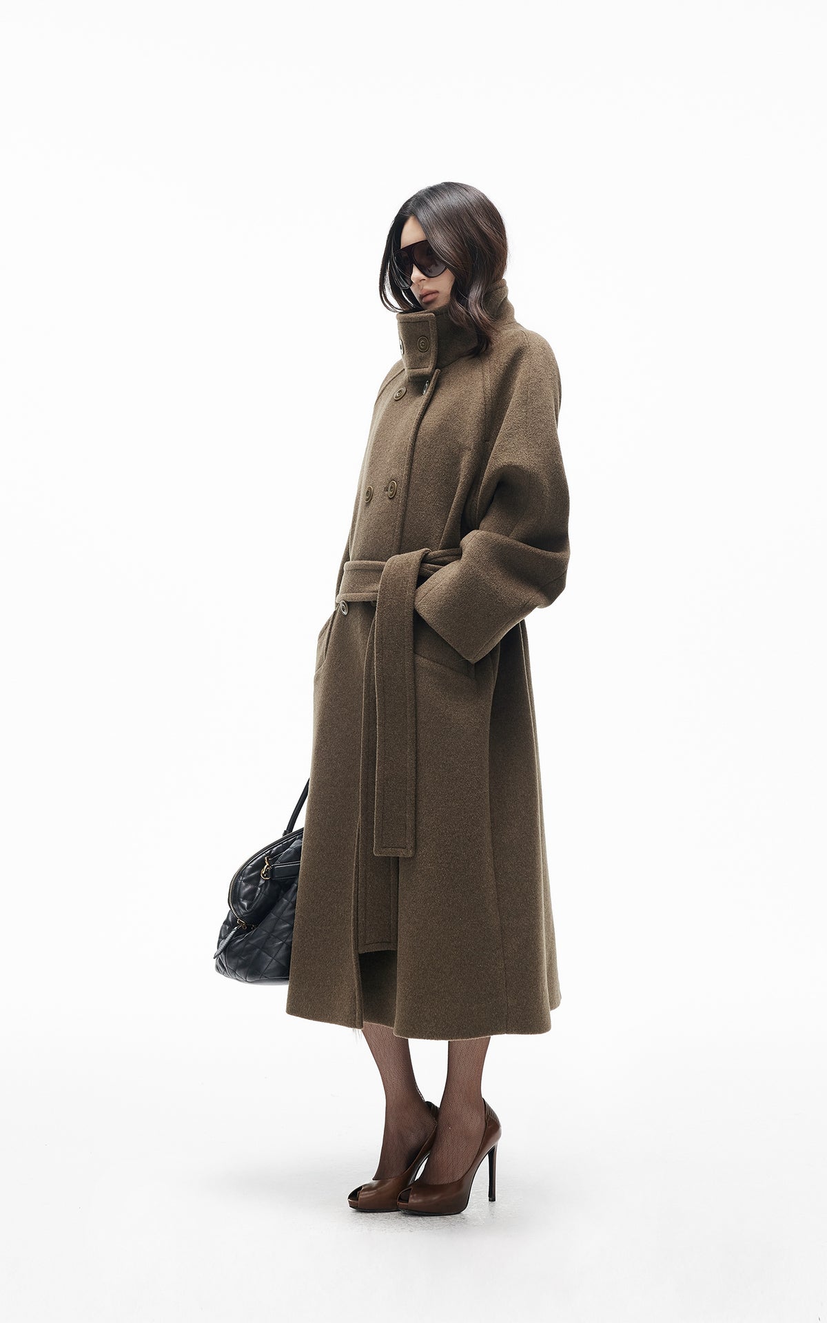 IAMXIAA Manteau long croisé à ceinture en mélange de laine