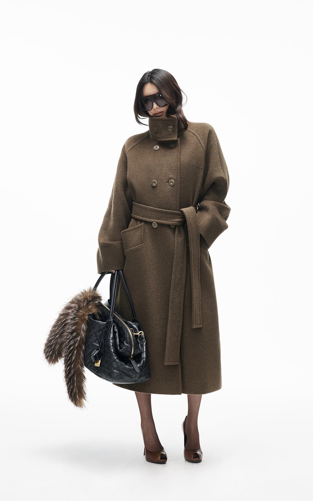 IAMXIAA Manteau long croisé à ceinture en mélange de laine