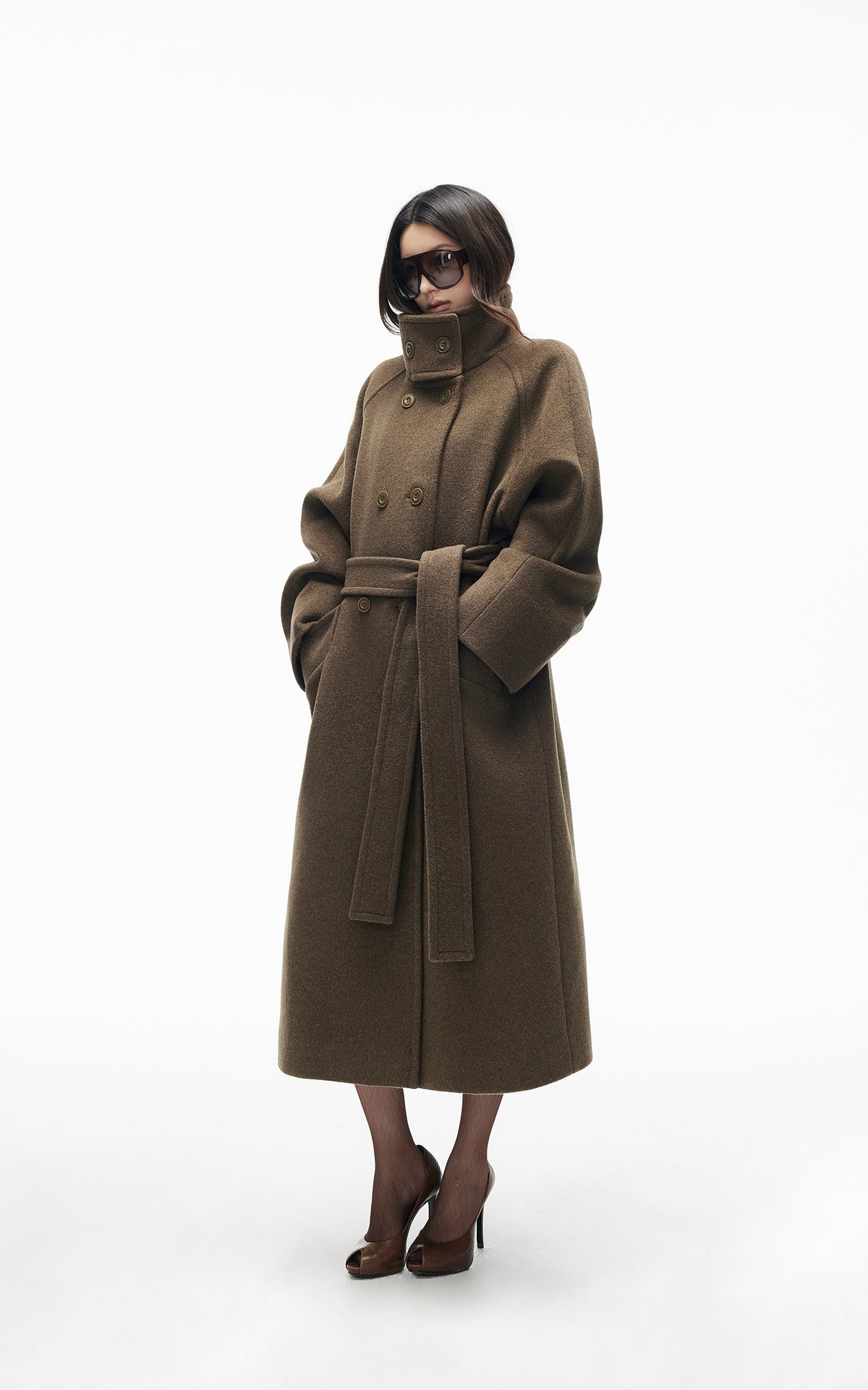 IAMXIAA Manteau long croisé à ceinture en mélange de laine