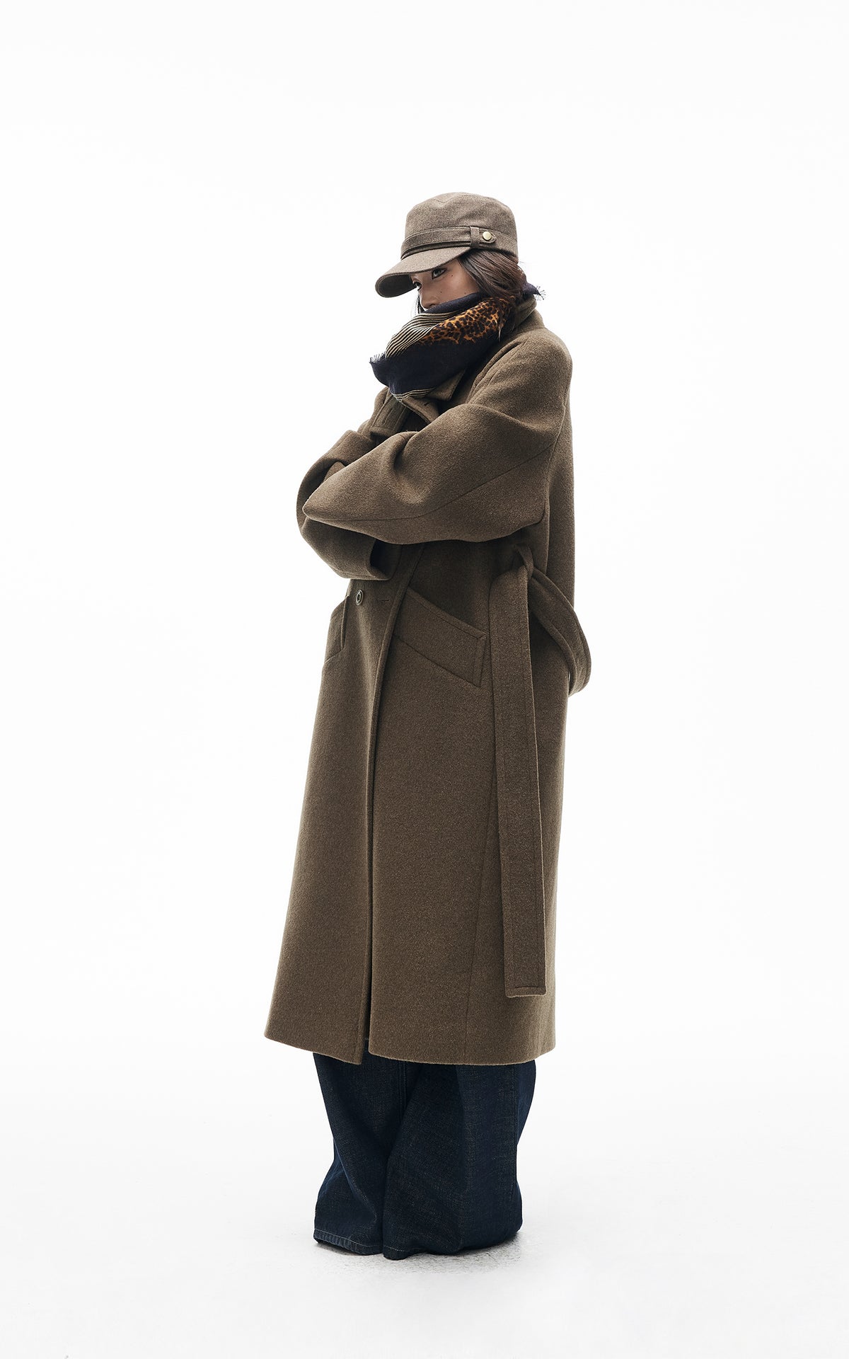 IAMXIAA Manteau long croisé à ceinture en mélange de laine