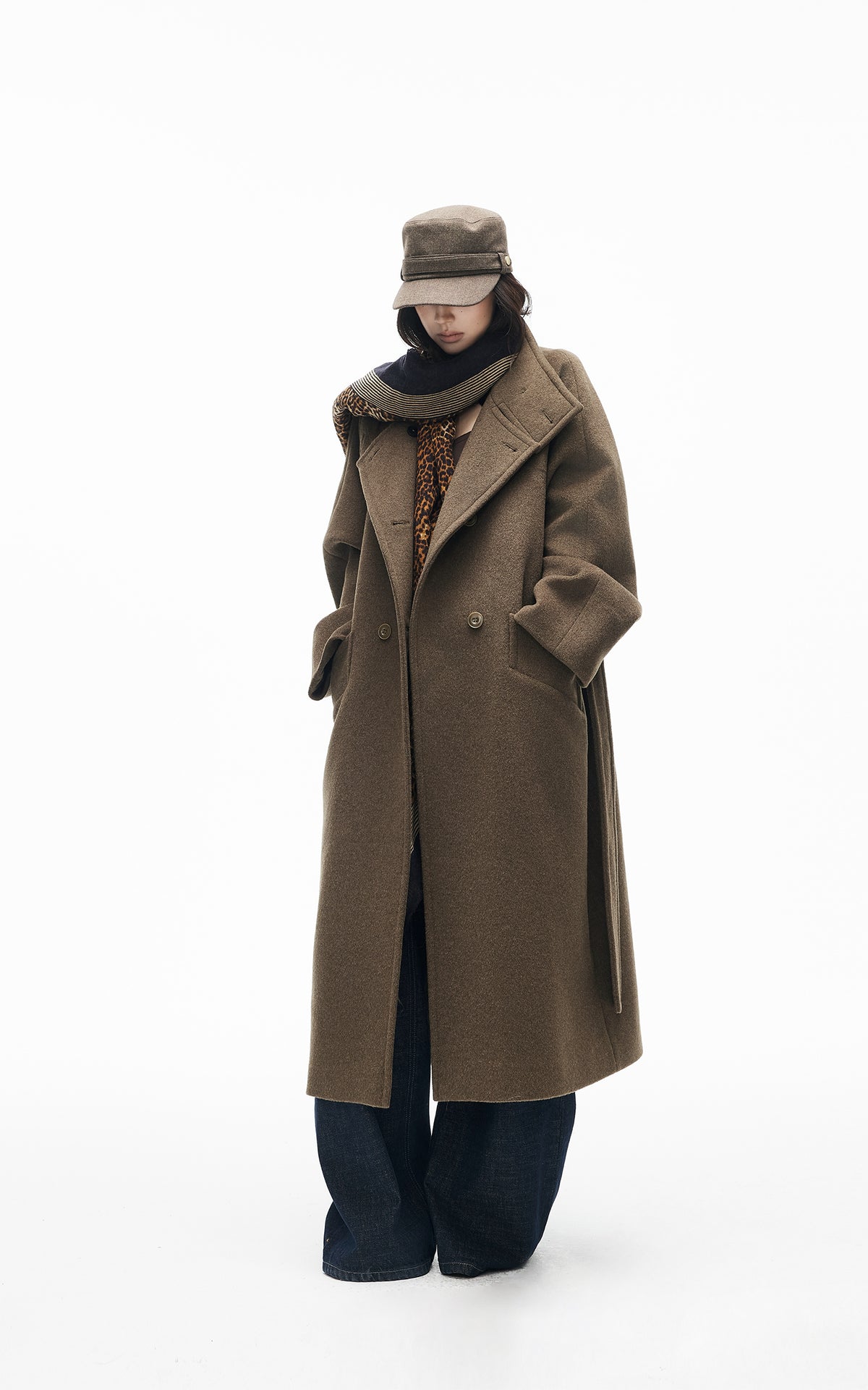 IAMXIAA Manteau long croisé à ceinture en mélange de laine