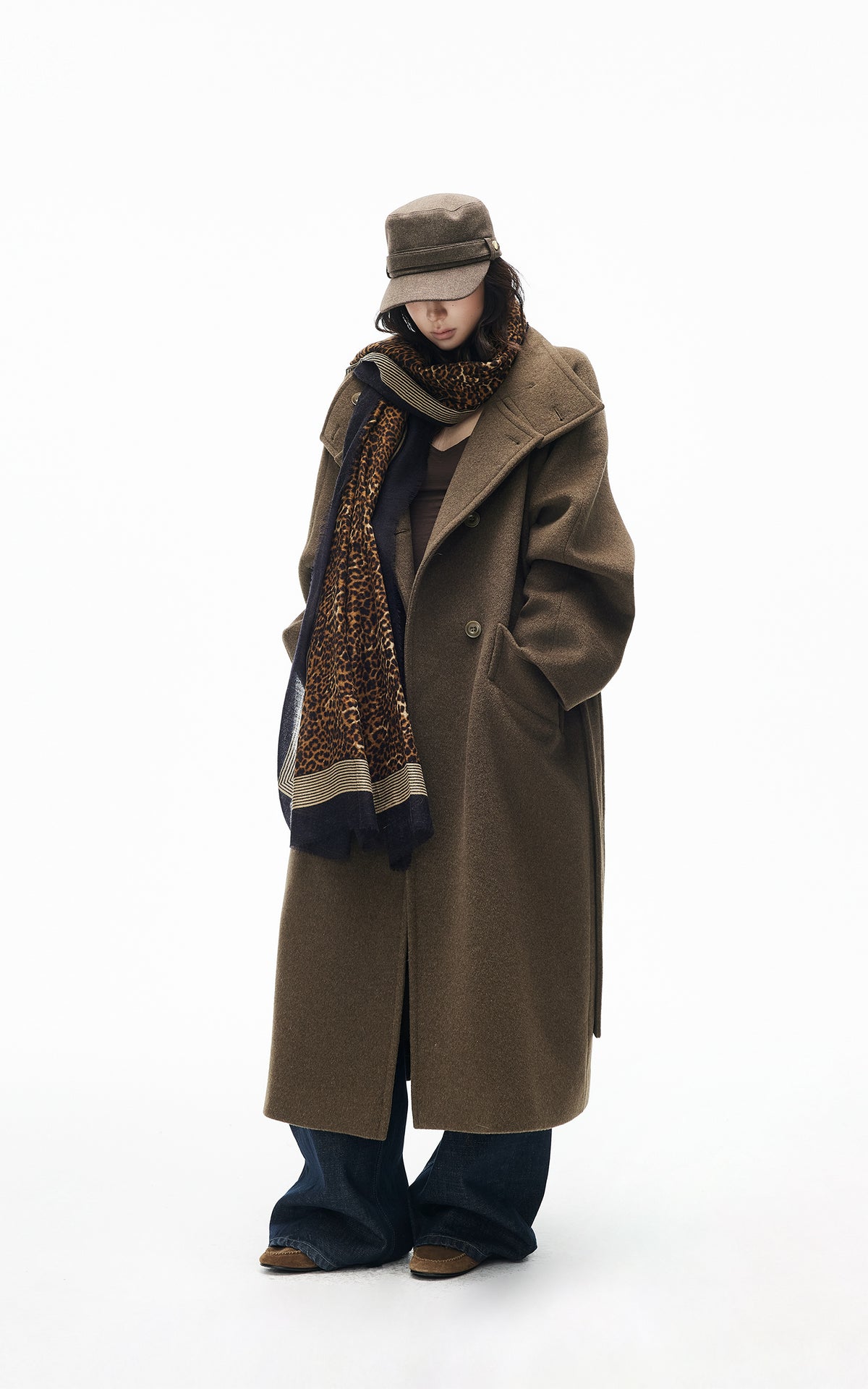 IAMXIAA Manteau long croisé à ceinture en mélange de laine