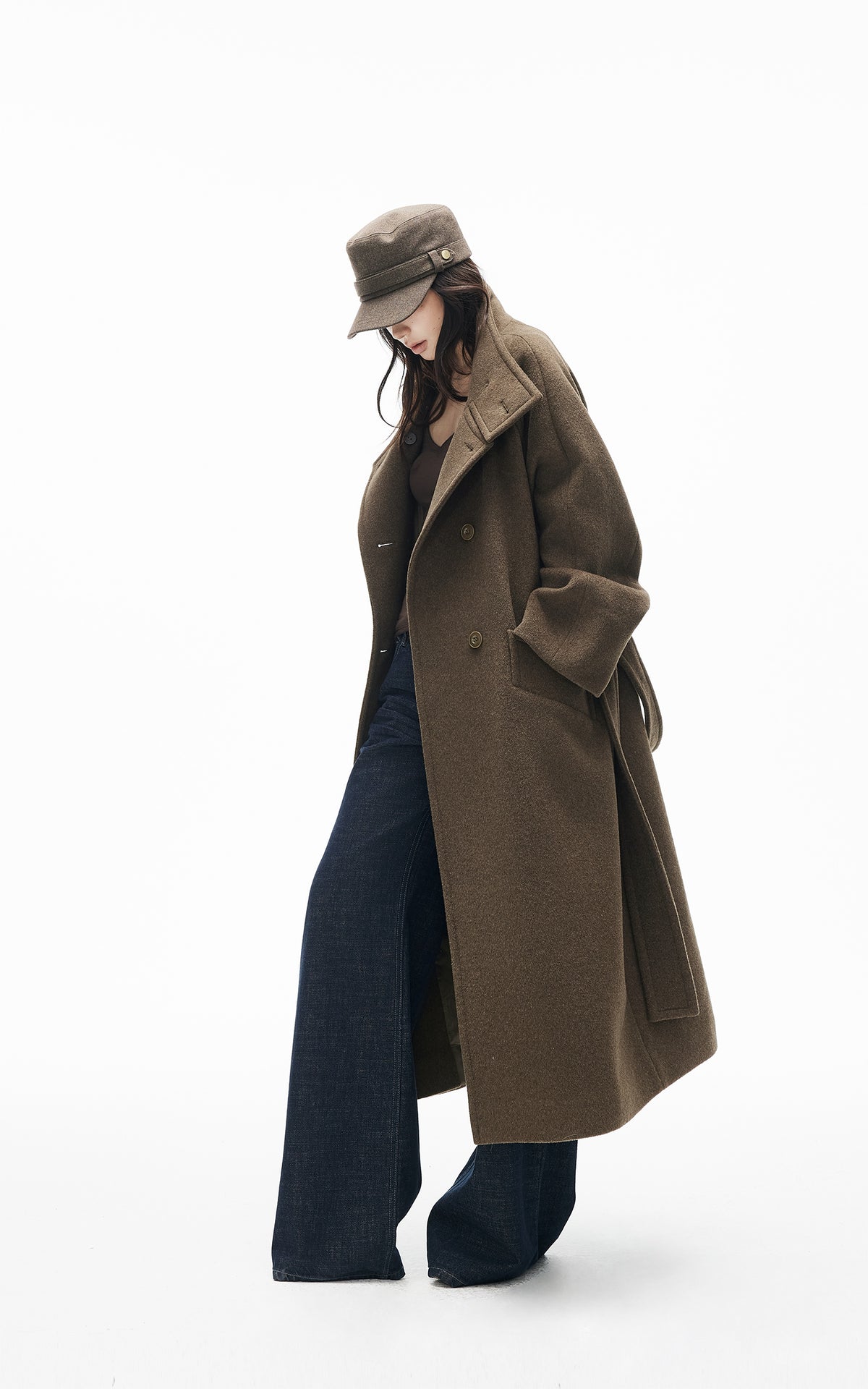 IAMXIAA Manteau long croisé à ceinture en mélange de laine