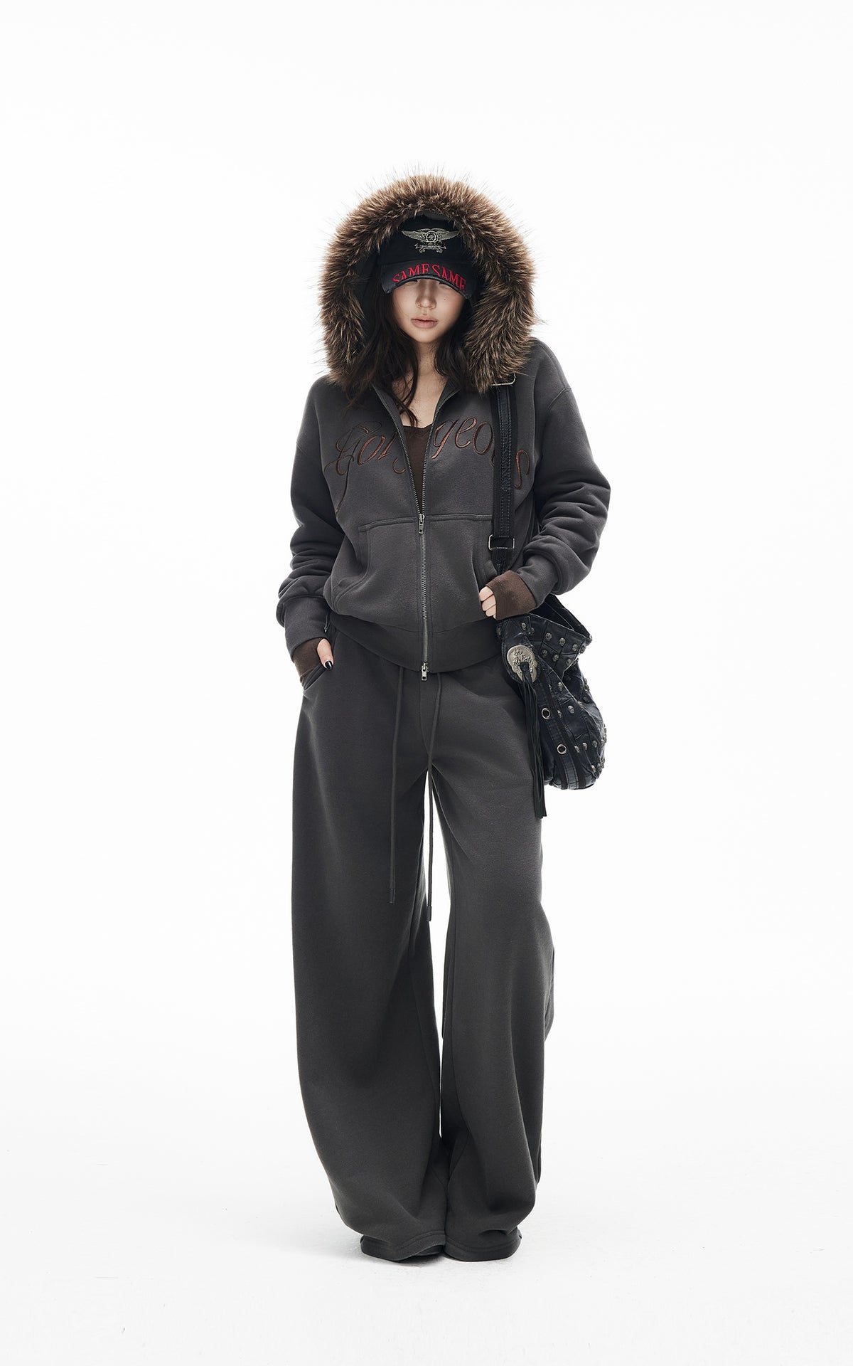 IAMXIAA Faux Fur Hooded Zip-Up Hoodie and Wide-Leg Sweatpants Set