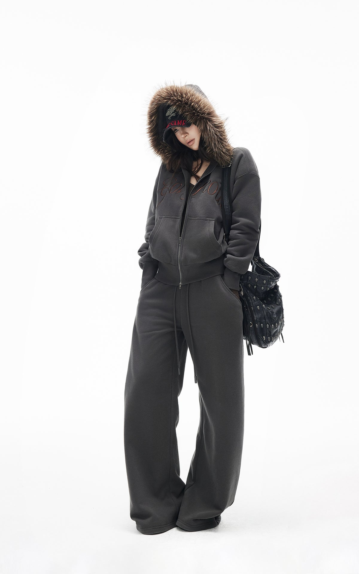 IAMXIAA Faux Fur Hooded Zip-Up Hoodie and Wide-Leg Sweatpants Set