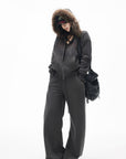 IAMXIAA Faux Fur Hooded Zip-Up Hoodie and Wide-Leg Sweatpants Set