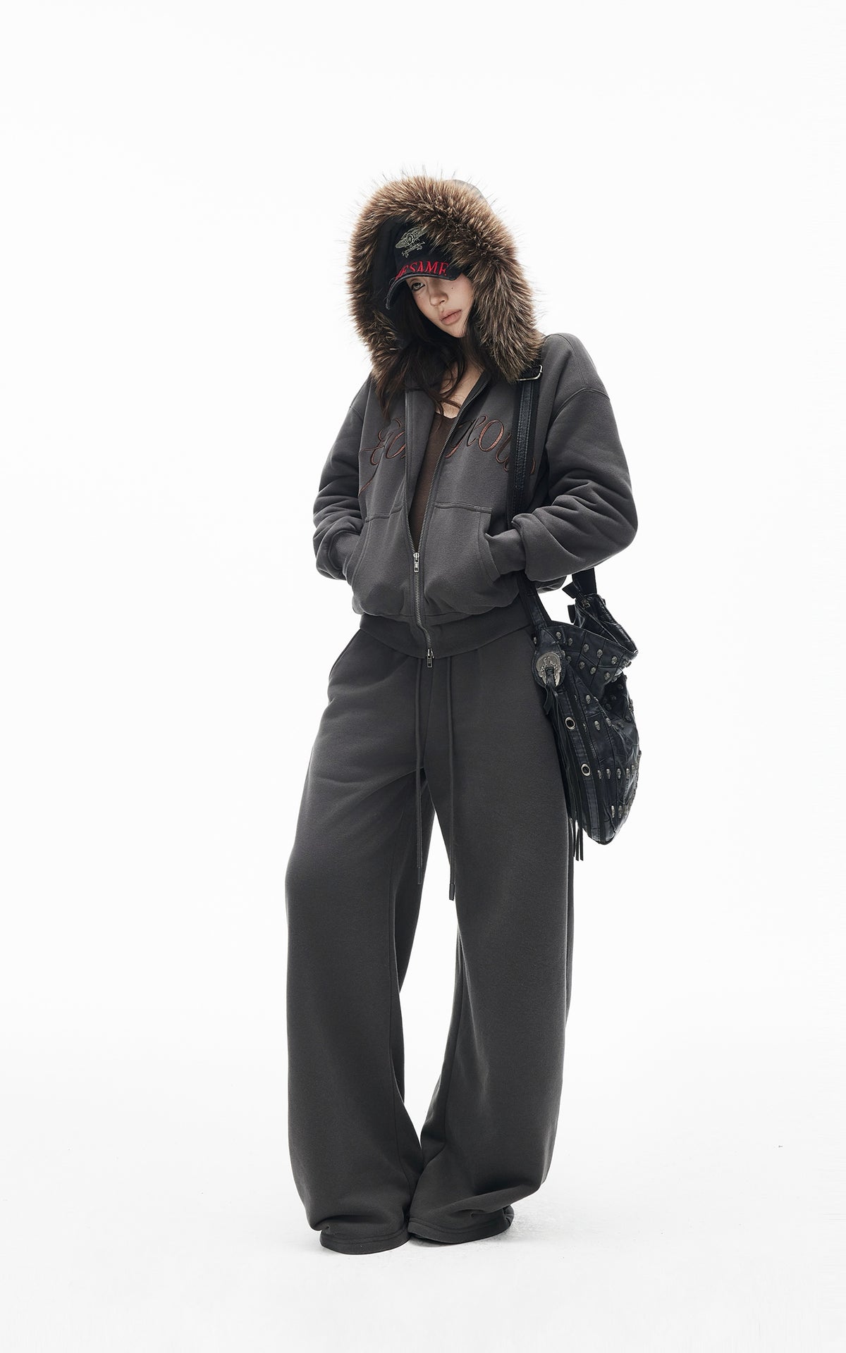 IAMXIAA Faux Fur Hooded Zip-Up Hoodie and Wide-Leg Sweatpants Set