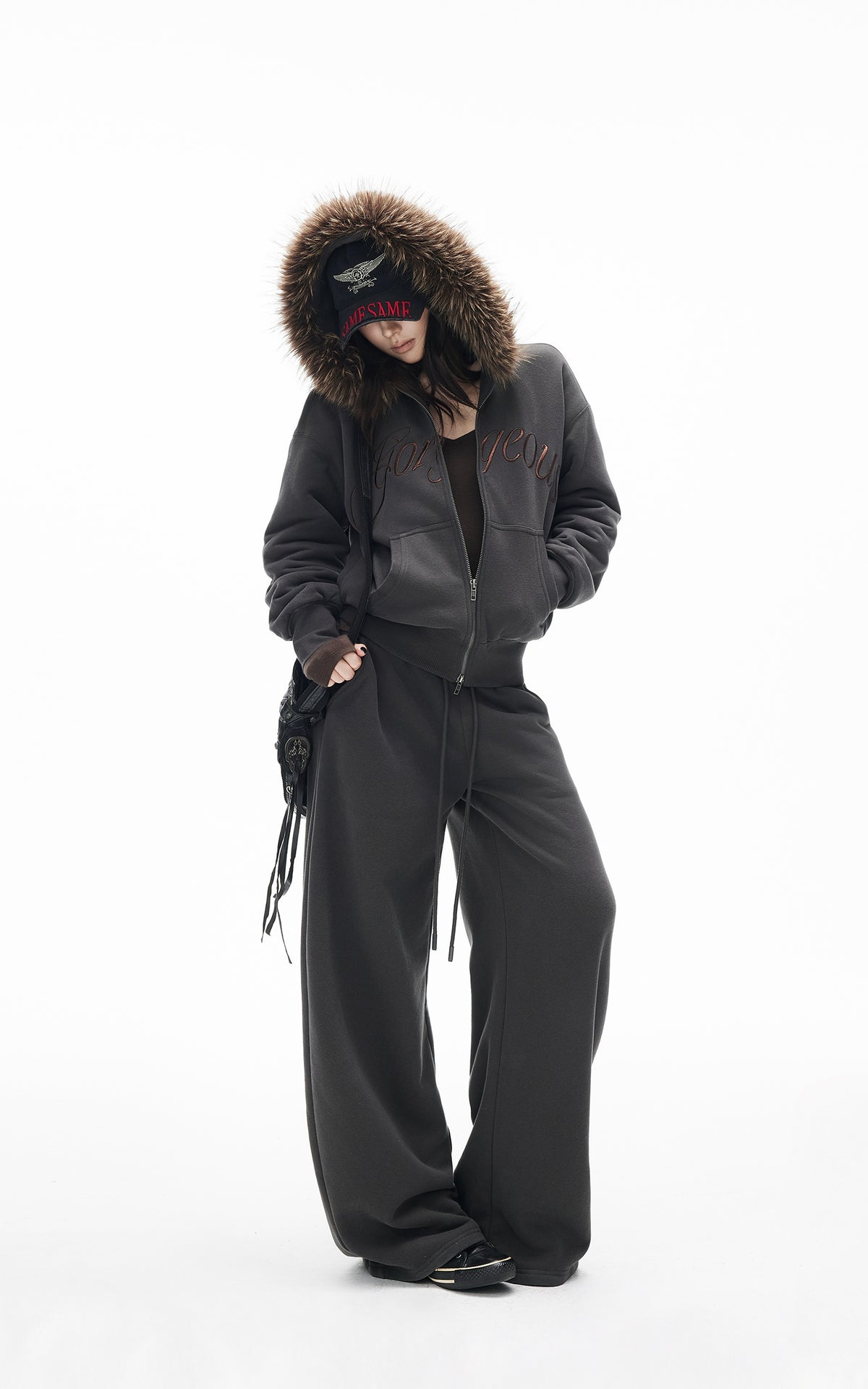 IAMXIAA Faux Fur Hooded Zip-Up Hoodie and Wide-Leg Sweatpants Set