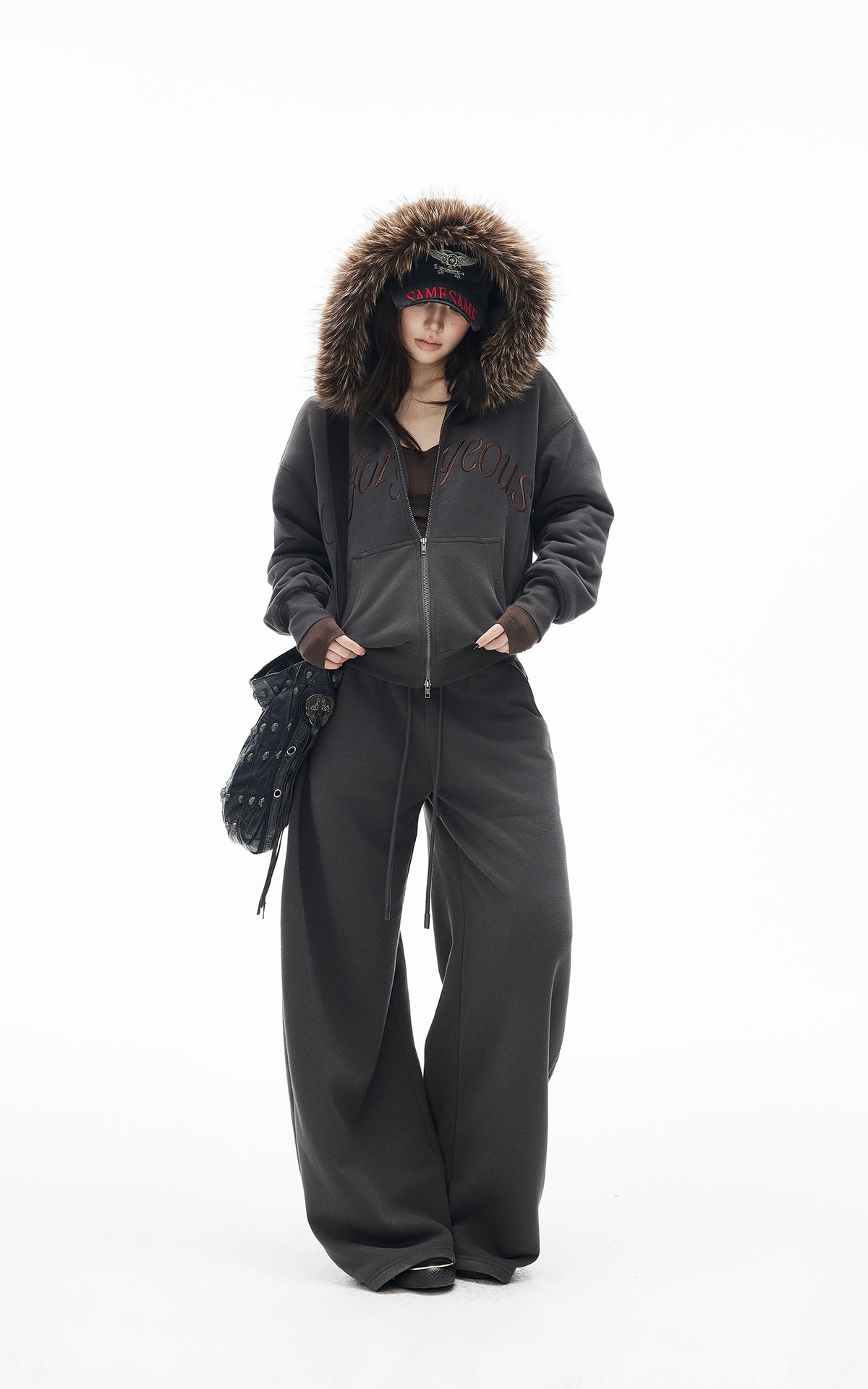 IAMXIAA Faux Fur Hooded Zip-Up Hoodie and Wide-Leg Sweatpants Set