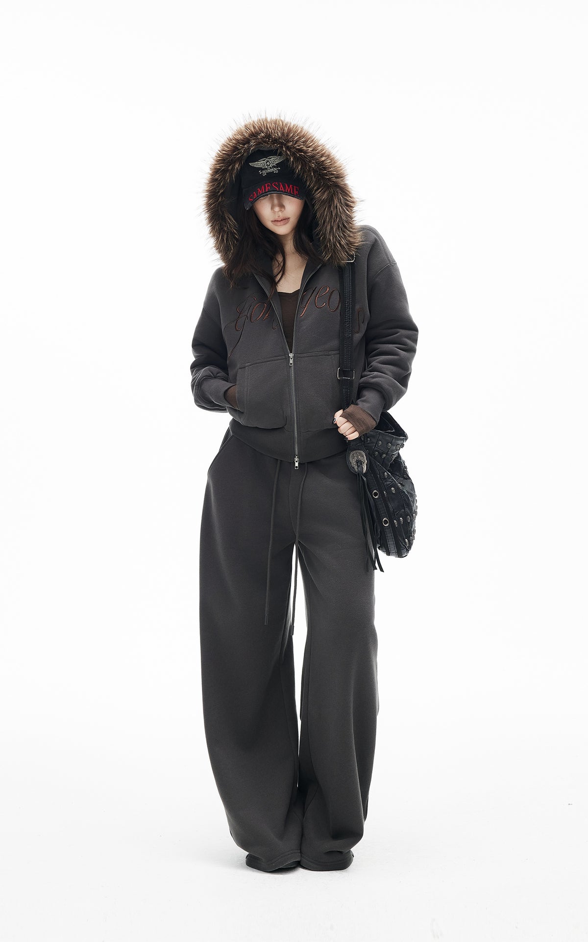 IAMXIAA Faux Fur Hooded Zip-Up Hoodie and Wide-Leg Sweatpants Set