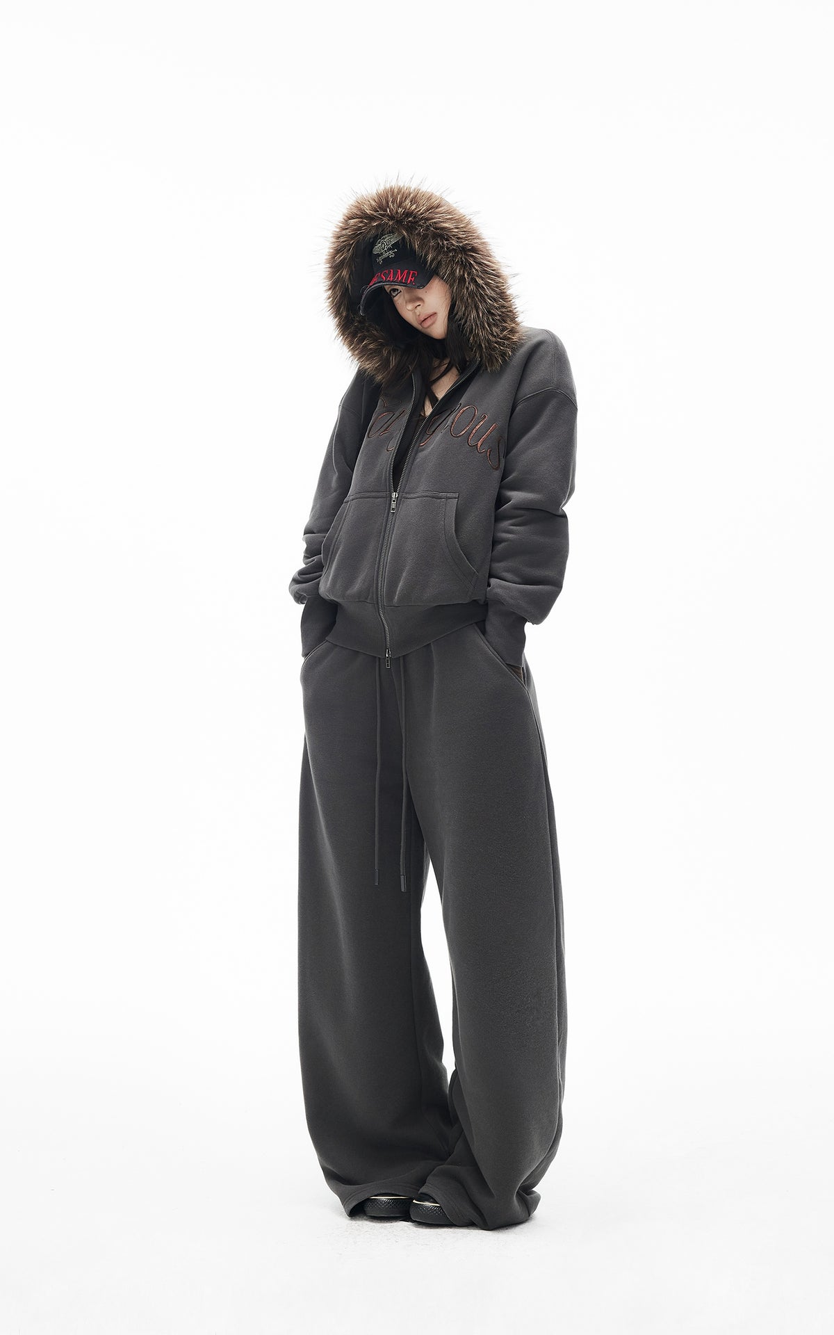 IAMXIAA Faux Fur Hooded Zip-Up Hoodie and Wide-Leg Sweatpants Set